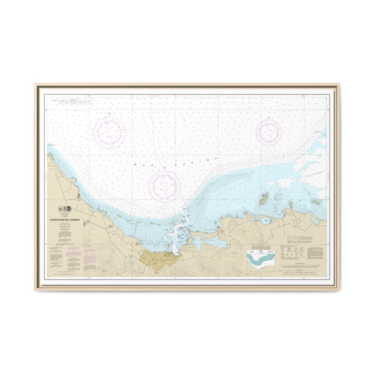 Chart 25645 Christiansted Harbor - NOAA Nautical Chart Floating Frame Canvas | 30" x 20" | 36" x 24" | 48" x 32" - Natural front