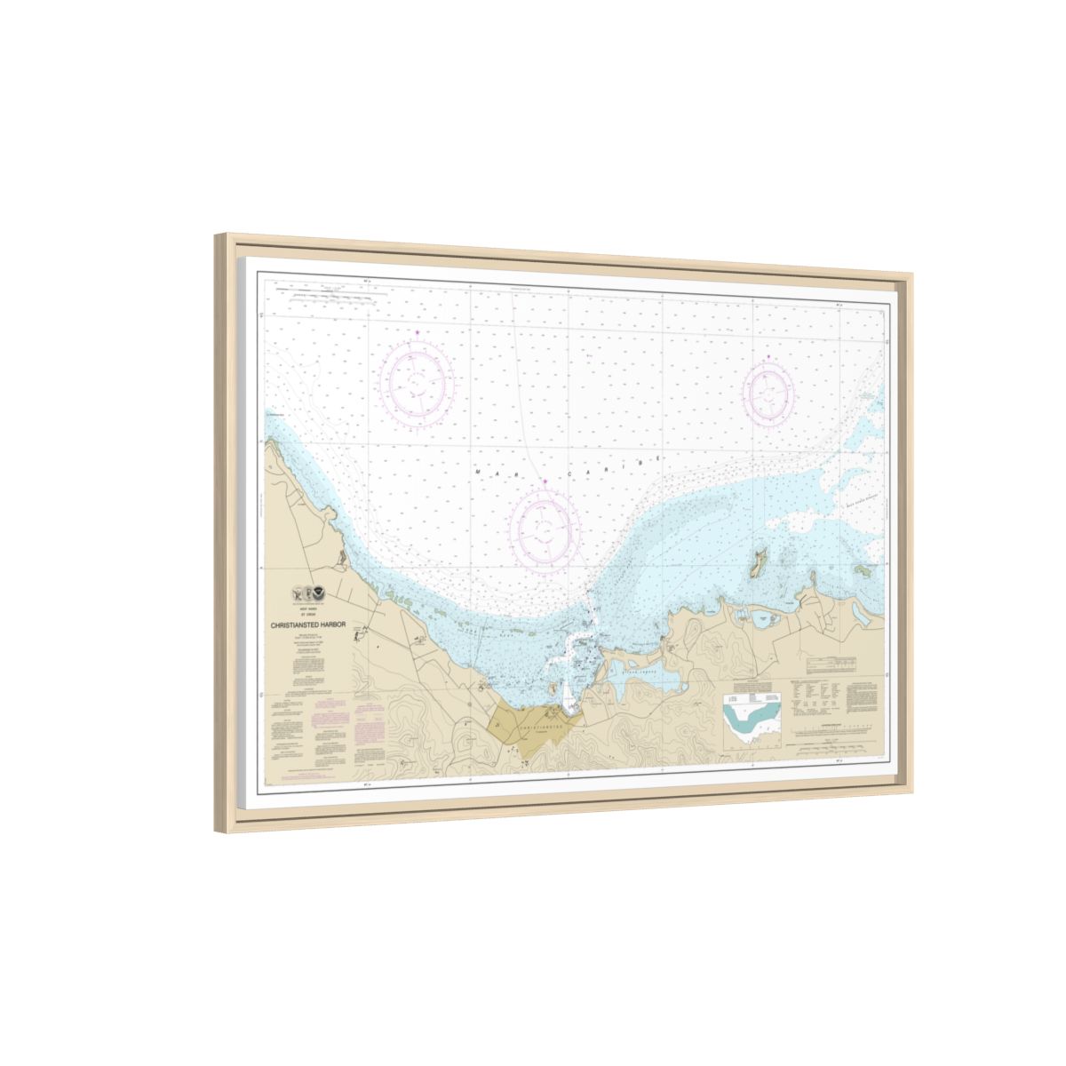 Chart 25645 Christiansted Harbor - NOAA Nautical Chart Floating Frame Canvas | 30" x 20" | 36" x 24" | 48" x 32" - Natural side