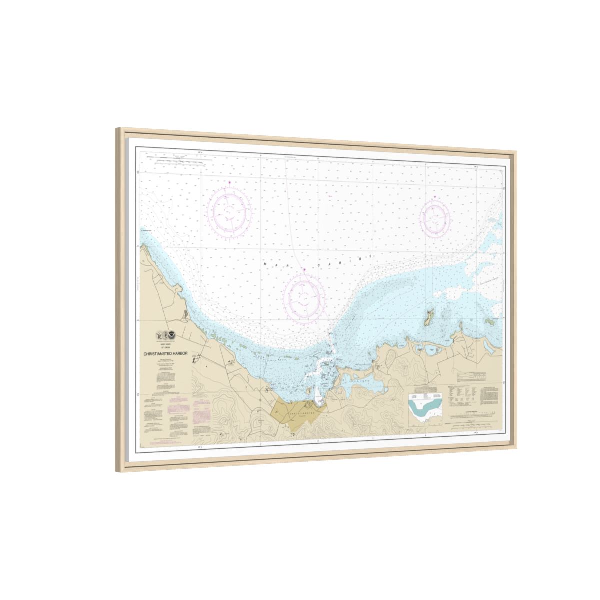 Chart 25645 Christiansted Harbor - NOAA Nautical Chart Floating Frame Canvas | 30" x 20" | 36" x 24" | 48" x 32" - Natural side