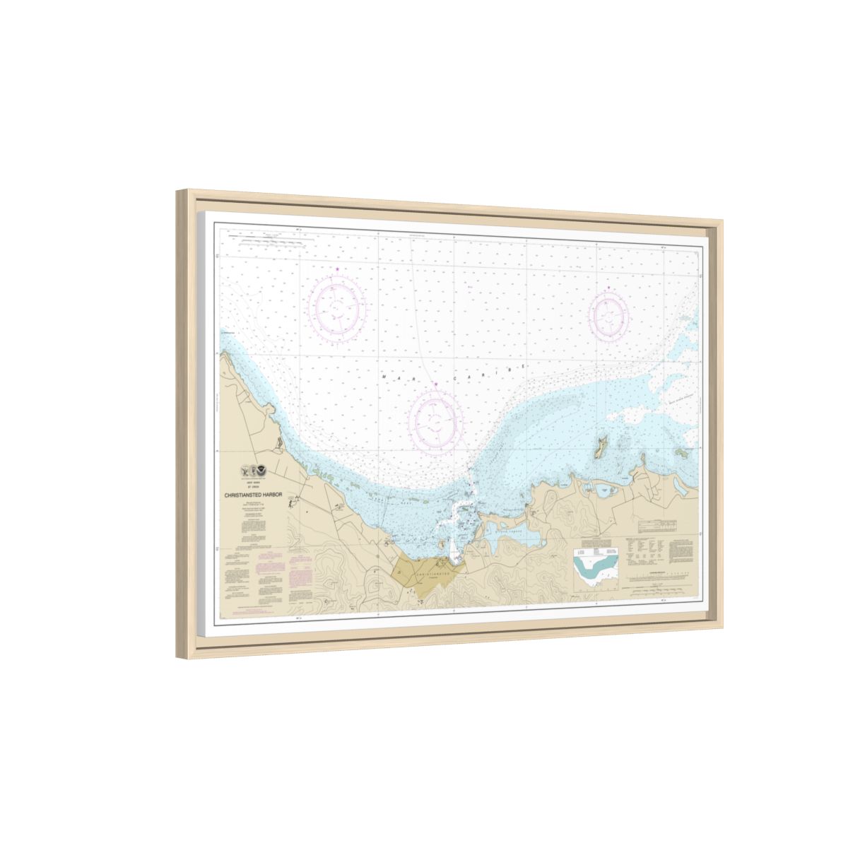 Chart 25645 Christiansted Harbor - NOAA Nautical Chart Floating Frame Canvas | 30" x 20" | 36" x 24" | 48" x 32" - Natural side