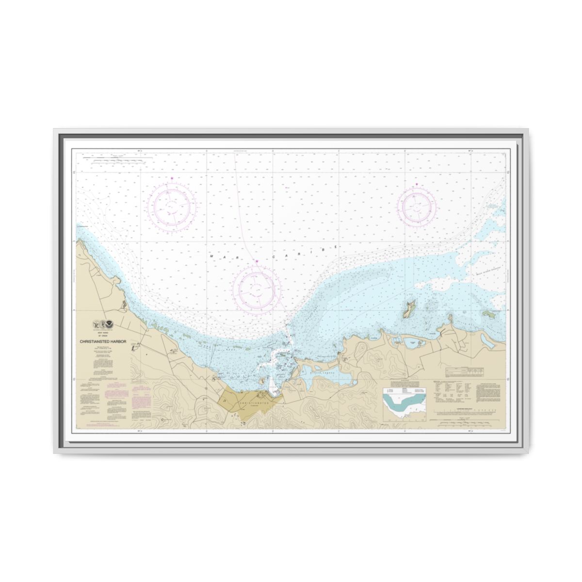 Chart 25645 Christiansted Harbor - NOAA Nautical Chart Floating Frame Canvas | 30" x 20" | 36" x 24" | 48" x 32" - White front