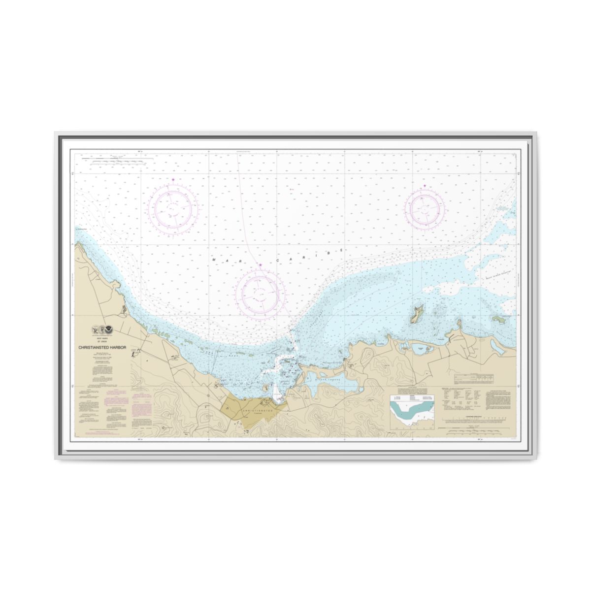 Chart 25645 Christiansted Harbor - NOAA Nautical Chart Floating Frame Canvas | 30" x 20" | 36" x 24" | 48" x 32" - White front