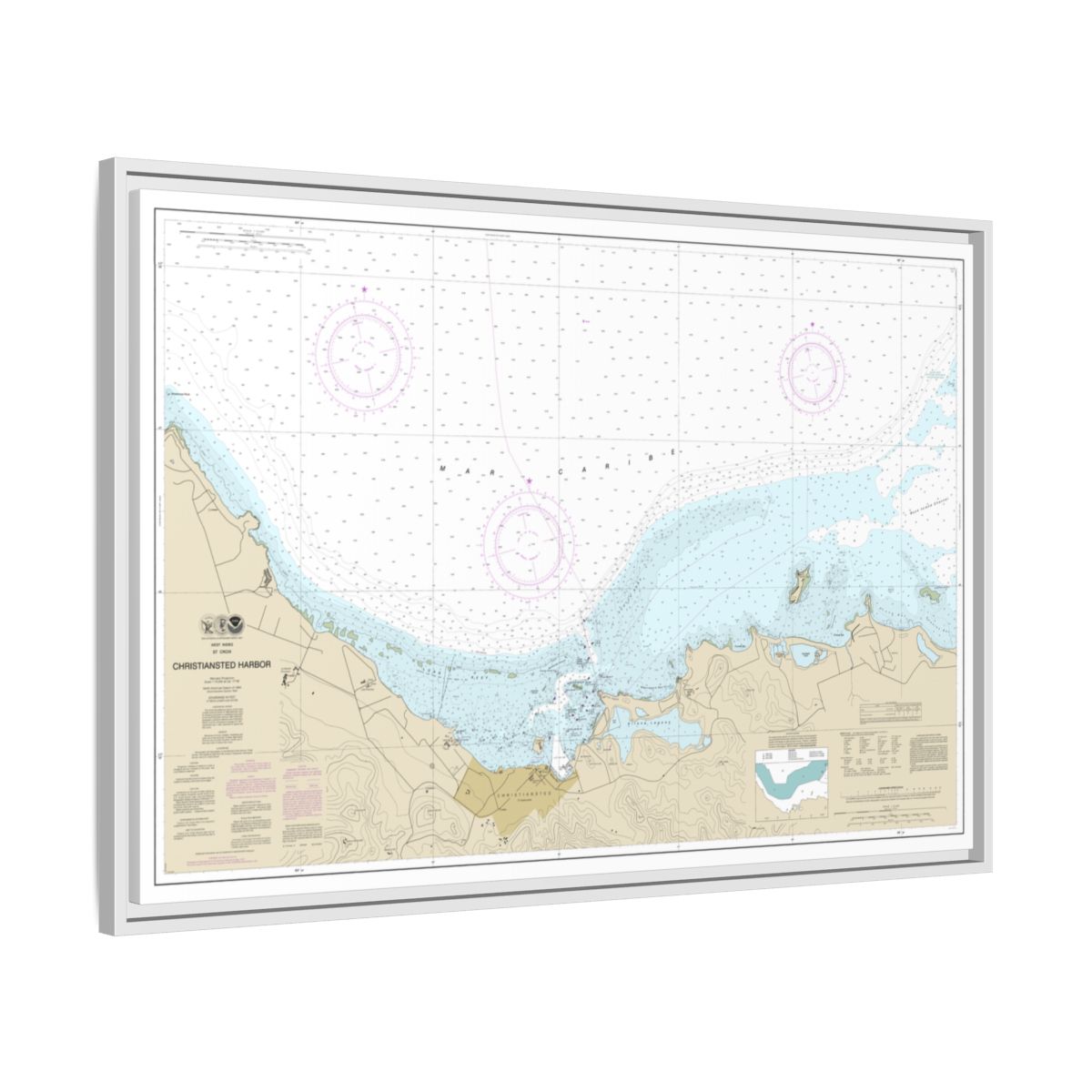 Chart 25645 Christiansted Harbor - NOAA Nautical Chart Floating Frame Canvas | 30" x 20" | 36" x 24" | 48" x 32" - White side