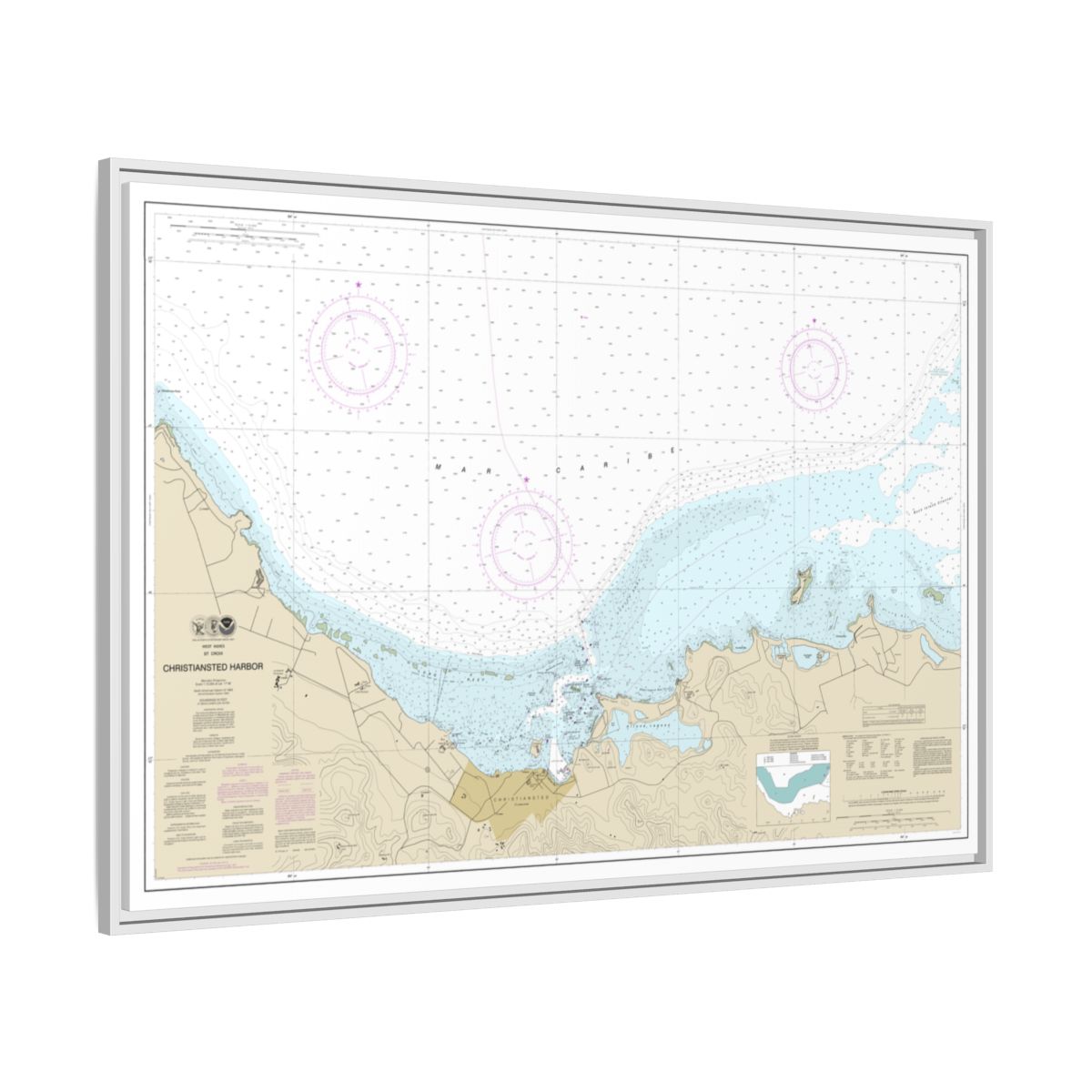 Chart 25645 Christiansted Harbor - NOAA Nautical Chart Floating Frame Canvas | 30" x 20" | 36" x 24" | 48" x 32" - White side