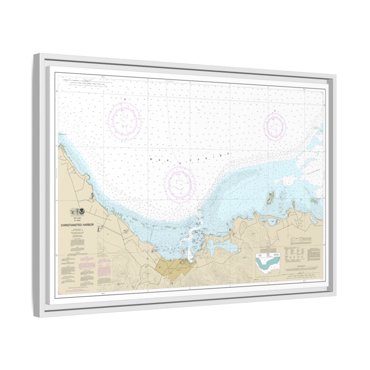 Chart 25645 Christiansted Harbor - NOAA Nautical Chart Floating Frame Canvas | 30" x 20" | 36" x 24" | 48" x 32" - White side