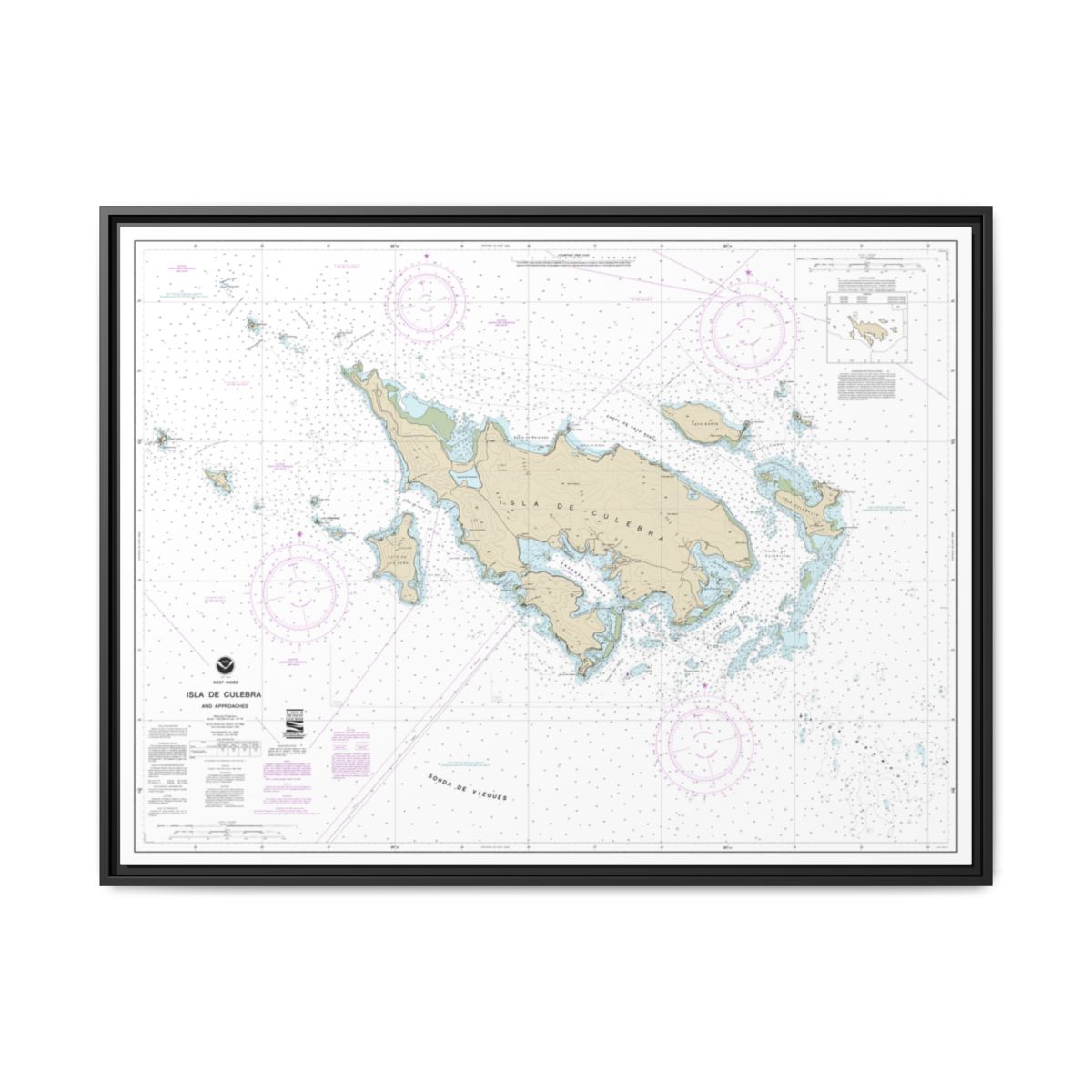 Chart 25653 Isla de Culebra and Approaches - NOAA Nautical Chart Floating Frame Canvas | 32" x 24" | 40" x 30" - Black front