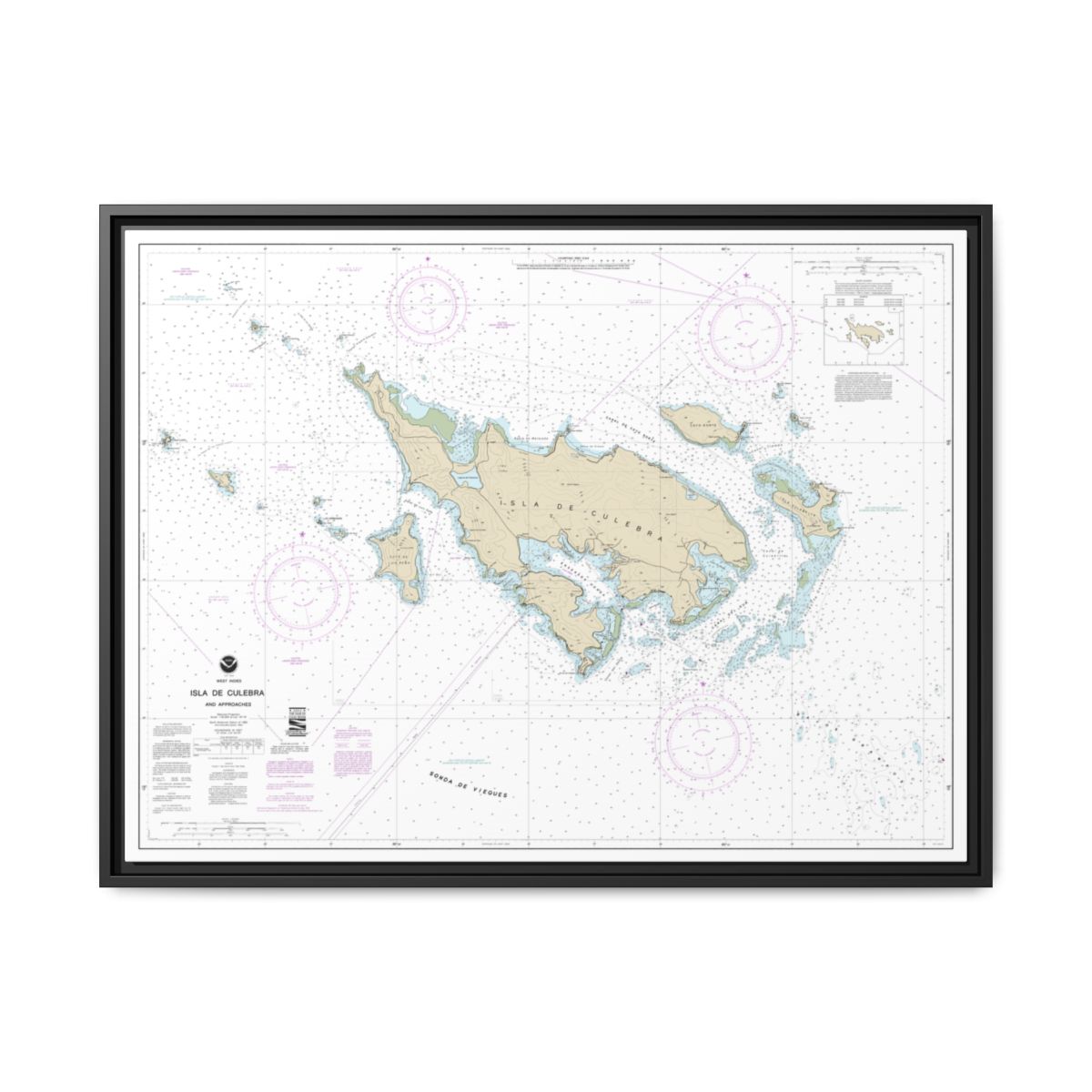 Chart 25653 Isla de Culebra and Approaches - NOAA Nautical Chart Floating Frame Canvas | 32" x 24" | 40" x 30" - Black front