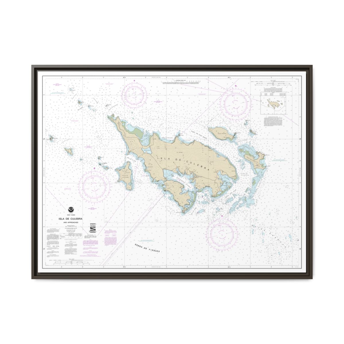 Chart 25653 Isla de Culebra and Approaches - NOAA Nautical Chart Floating Frame Canvas | 32" x 24" | 40" x 30" - Espresso front