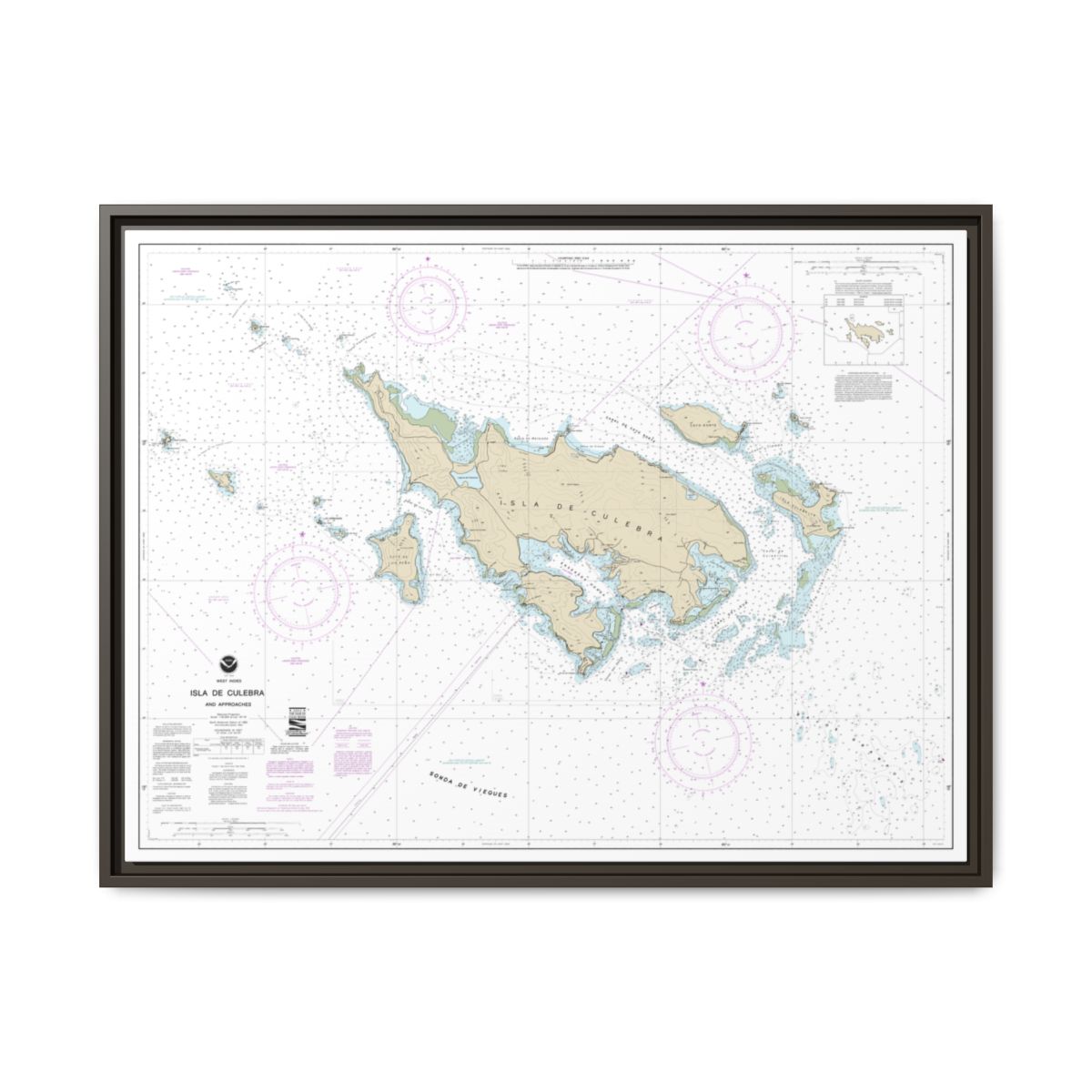 Chart 25653 Isla de Culebra and Approaches - NOAA Nautical Chart Floating Frame Canvas | 32" x 24" | 40" x 30" - Espresso front
