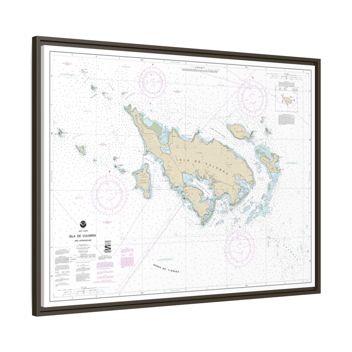 Chart 25653 Isla de Culebra and Approaches - NOAA Nautical Chart Floating Frame Canvas | 32" x 24" | 40" x 30" - Espresso side
