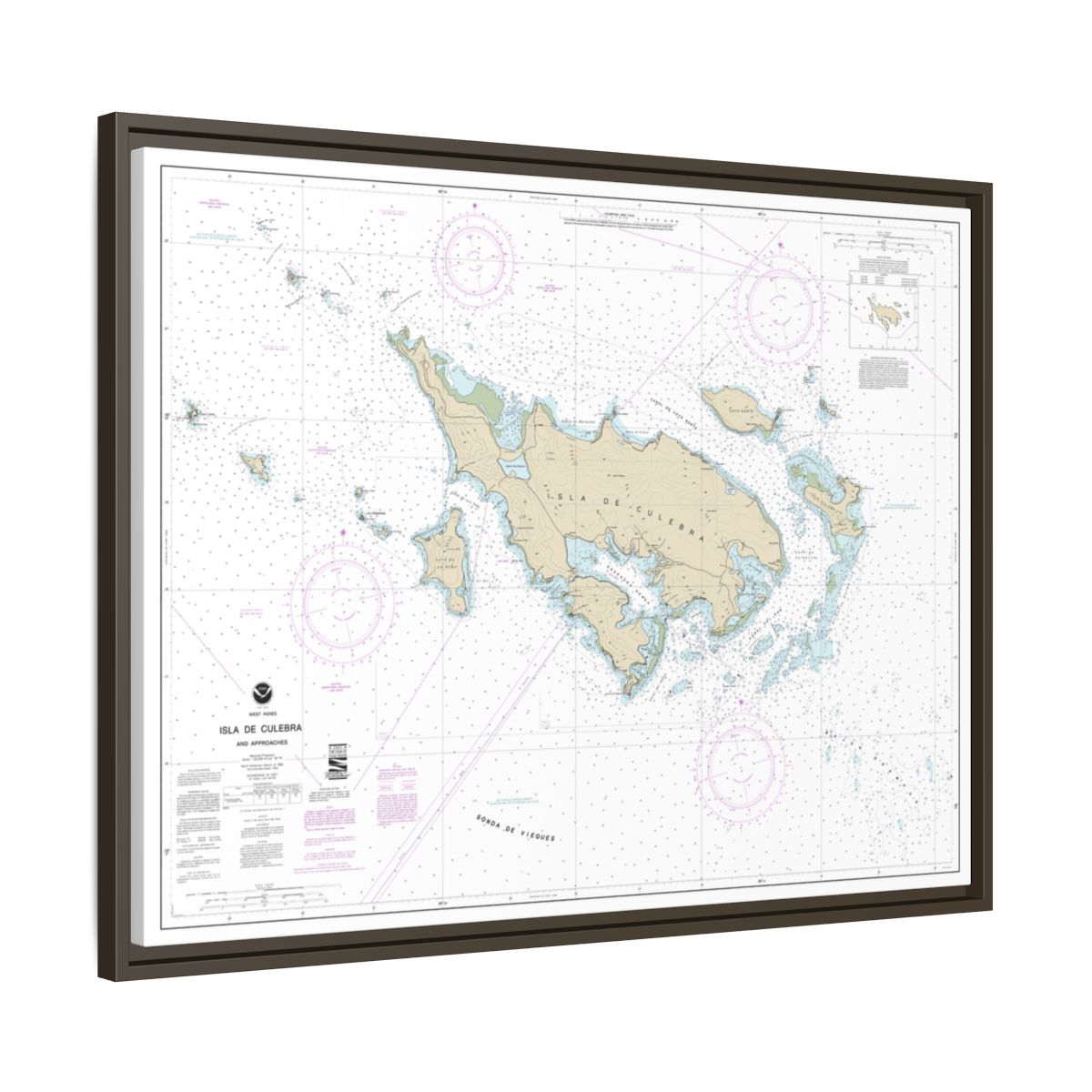 Chart 25653 Isla de Culebra and Approaches - NOAA Nautical Chart Floating Frame Canvas | 32" x 24" | 40" x 30" - Espresso side