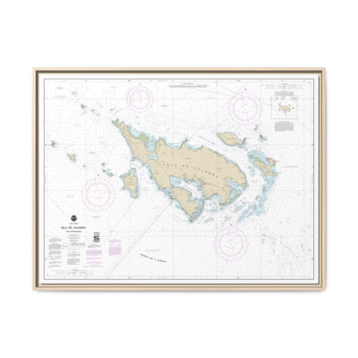 Chart 25653 Isla de Culebra and Approaches - NOAA Nautical Chart Floating Frame Canvas | 32" x 24" | 40" x 30" - Natural front