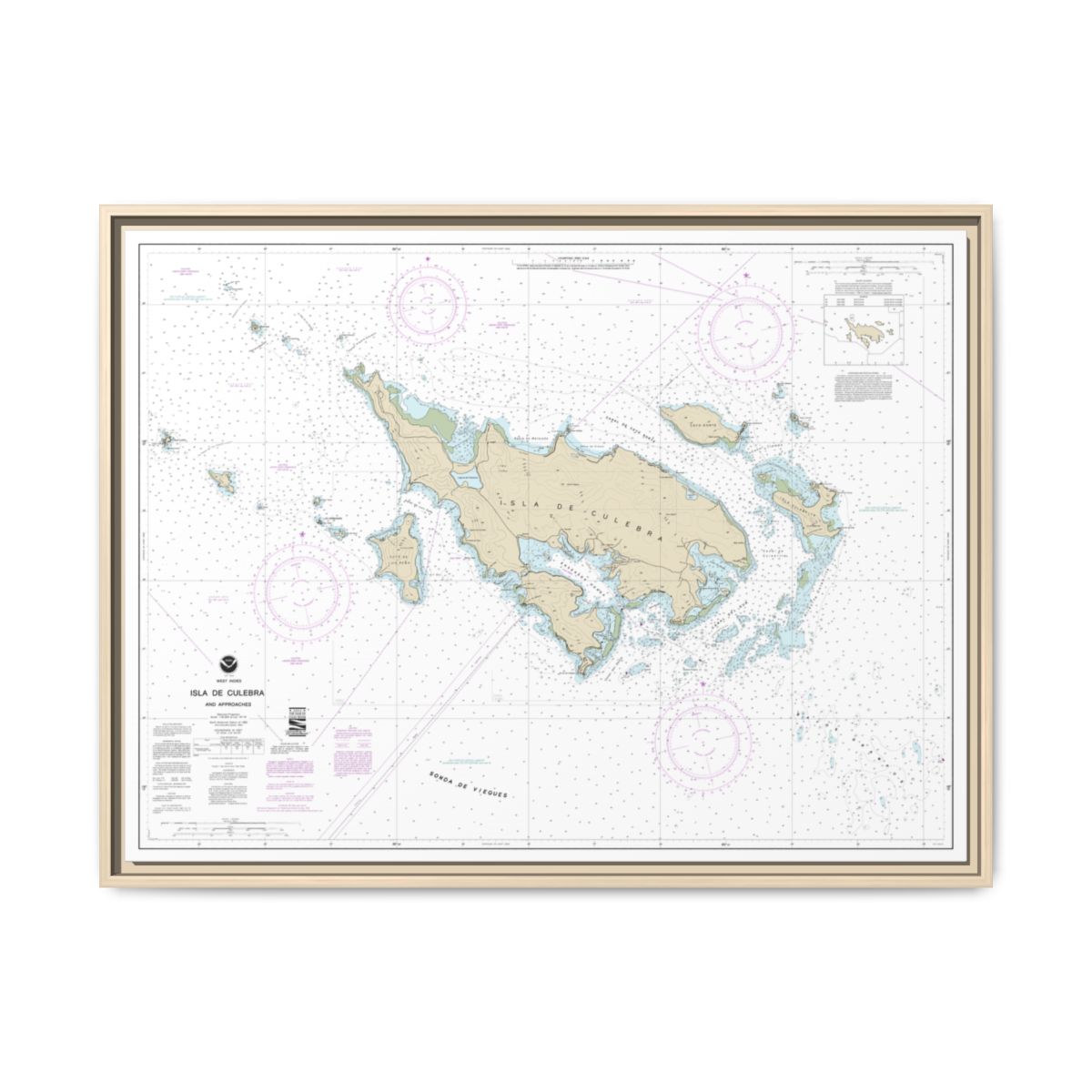 Chart 25653 Isla de Culebra and Approaches - NOAA Nautical Chart Floating Frame Canvas | 32" x 24" | 40" x 30" - Natural front
