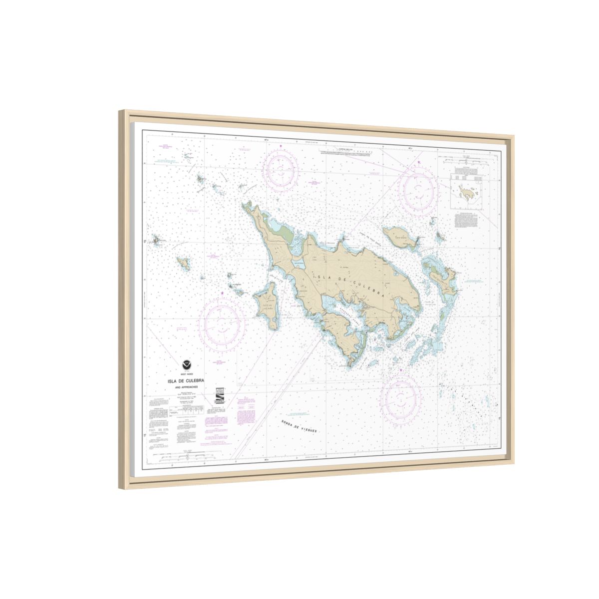 Chart 25653 Isla de Culebra and Approaches - NOAA Nautical Chart Floating Frame Canvas | 32" x 24" | 40" x 30" - Natural side
