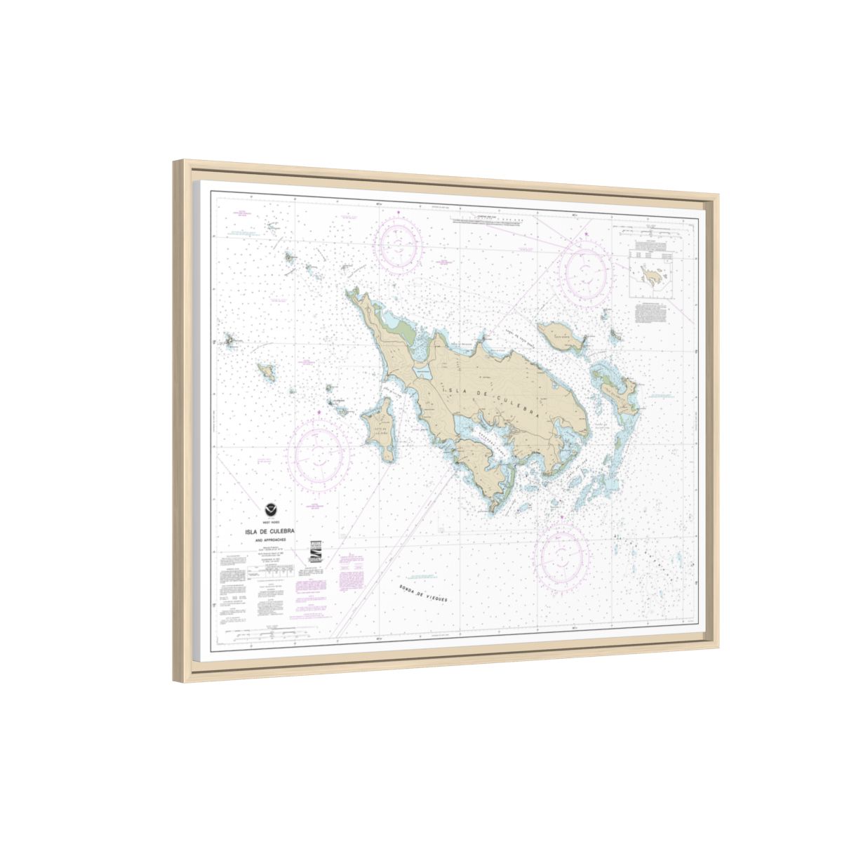Chart 25653 Isla de Culebra and Approaches - NOAA Nautical Chart Floating Frame Canvas | 32" x 24" | 40" x 30" - Natural side