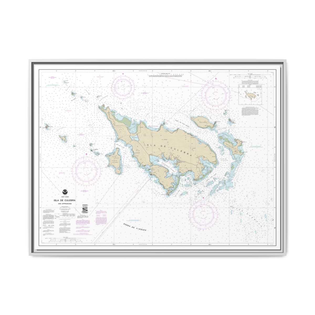 Chart 25653 Isla de Culebra and Approaches - NOAA Nautical Chart Floating Frame Canvas | 32" x 24" | 40" x 30" - White front