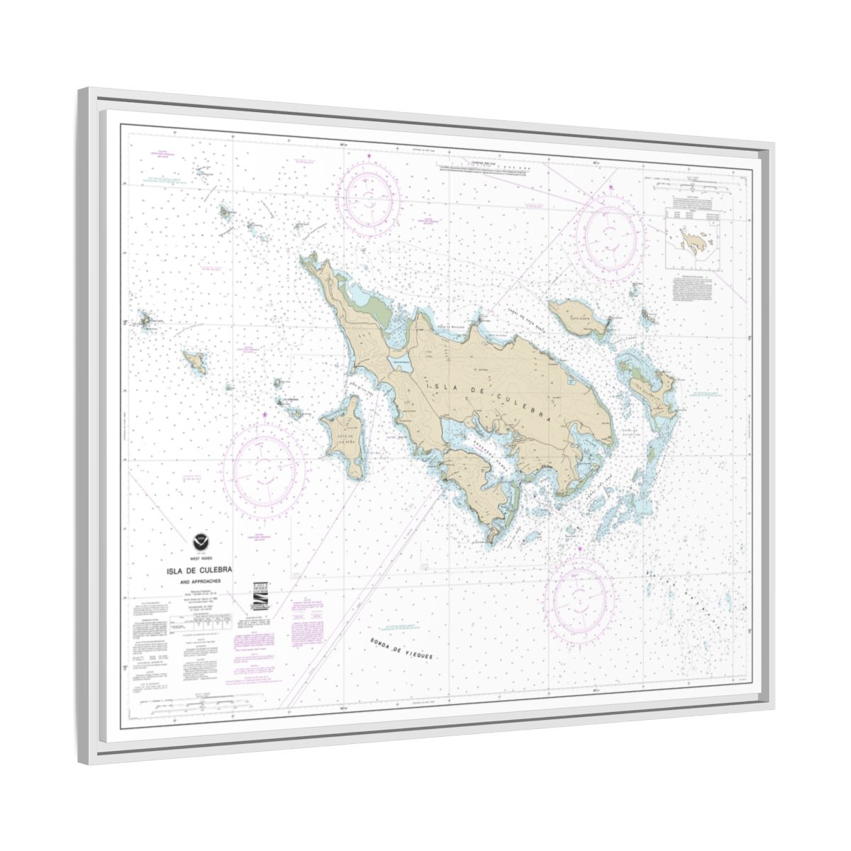 Chart 25653 Isla de Culebra and Approaches - NOAA Nautical Chart Floating Frame Canvas | 32" x 24" | 40" x 30" - White side