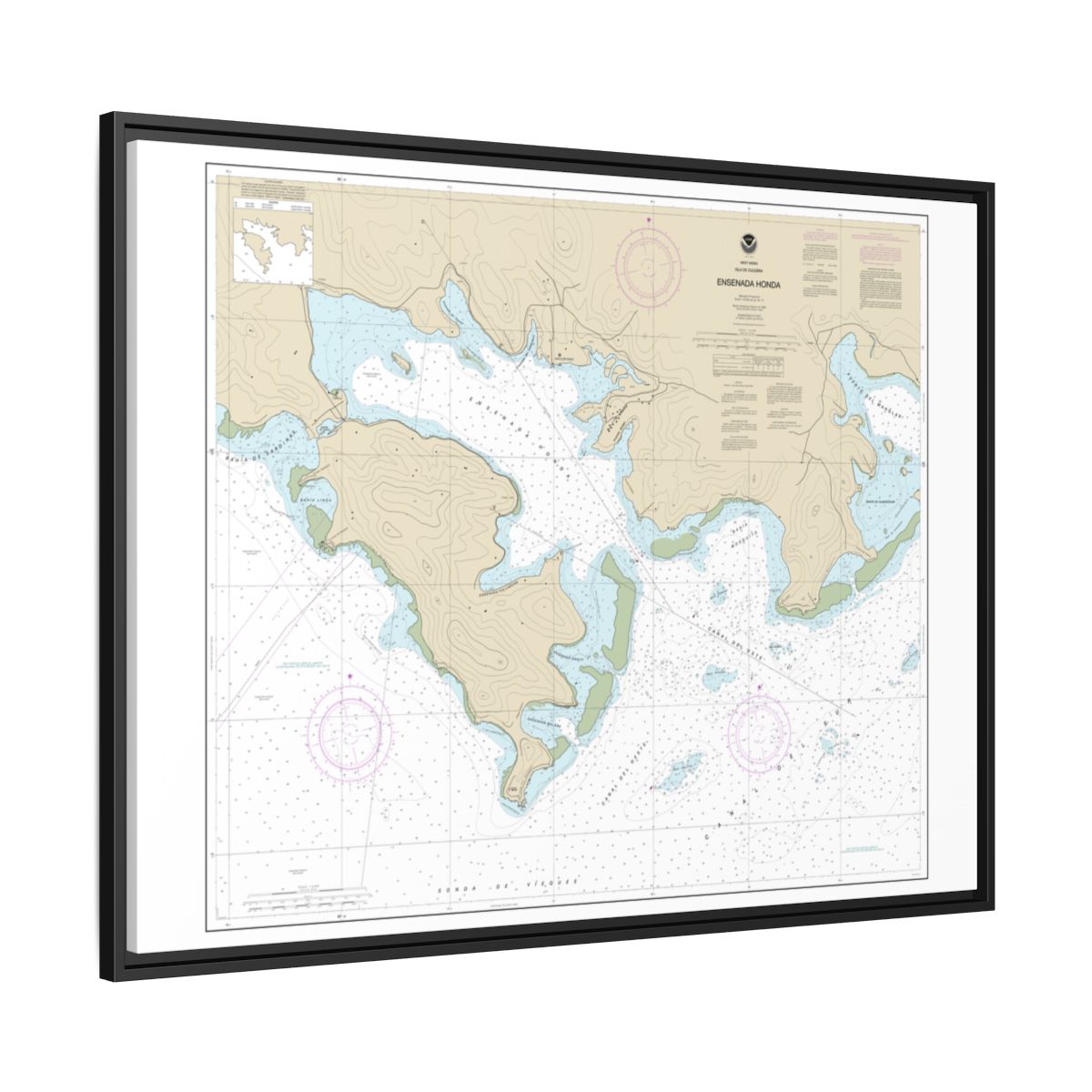 Chart 25654 Ensenada Honda - NOAA Nautical Chart Floating Frame Canvas | 32" x 24" | 40" x 30" - Black side