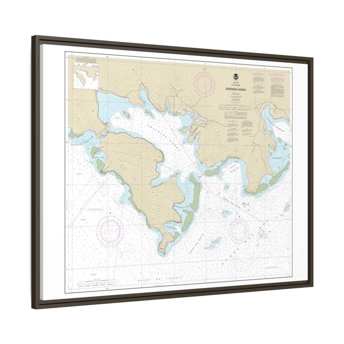 Chart 25654 Ensenada Honda - NOAA Nautical Chart Floating Frame Canvas | 32" x 24" | 40" x 30" - Espresso side