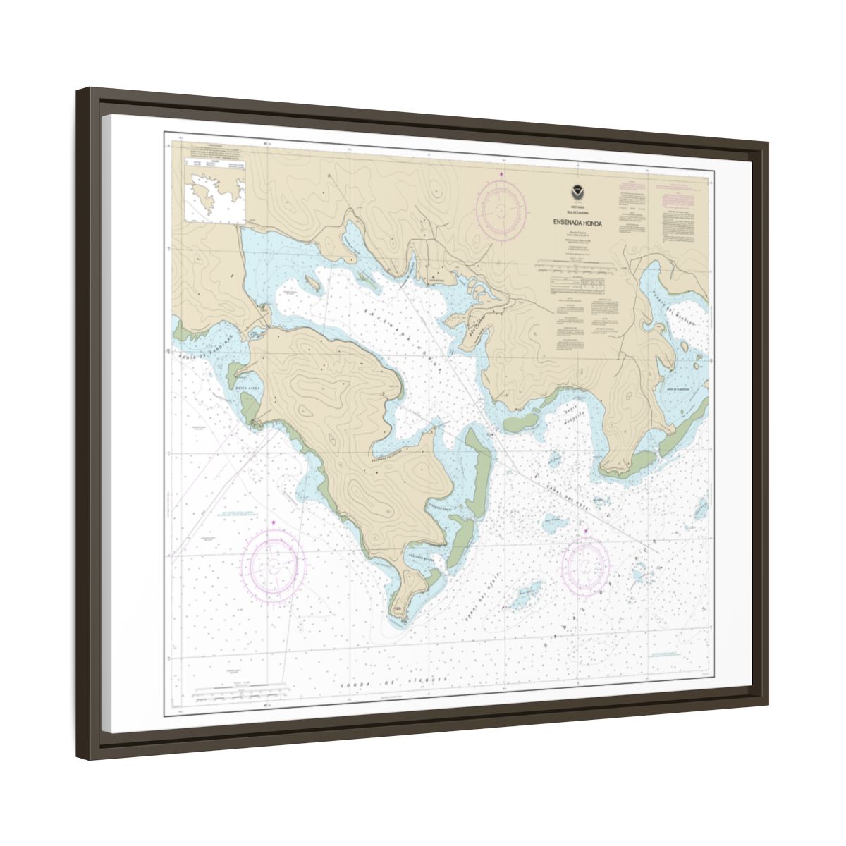 Chart 25654 Ensenada Honda - NOAA Nautical Chart Floating Frame Canvas | 32" x 24" | 40" x 30" - Espresso side
