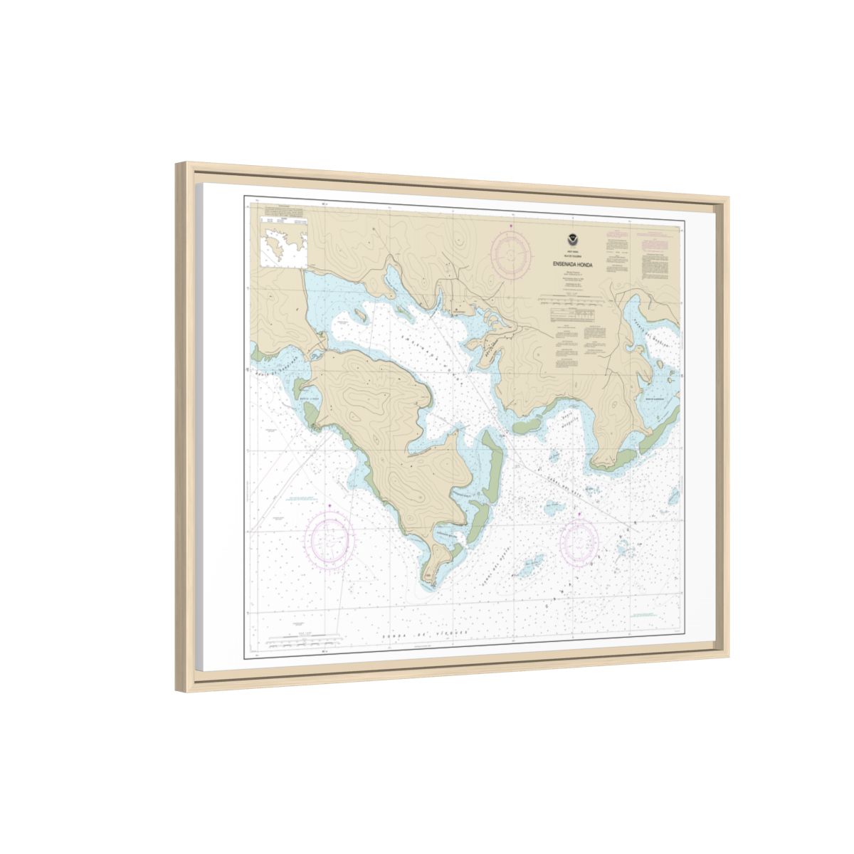 Chart 25654 Ensenada Honda - NOAA Nautical Chart Floating Frame Canvas | 32" x 24" | 40" x 30" - Natural side