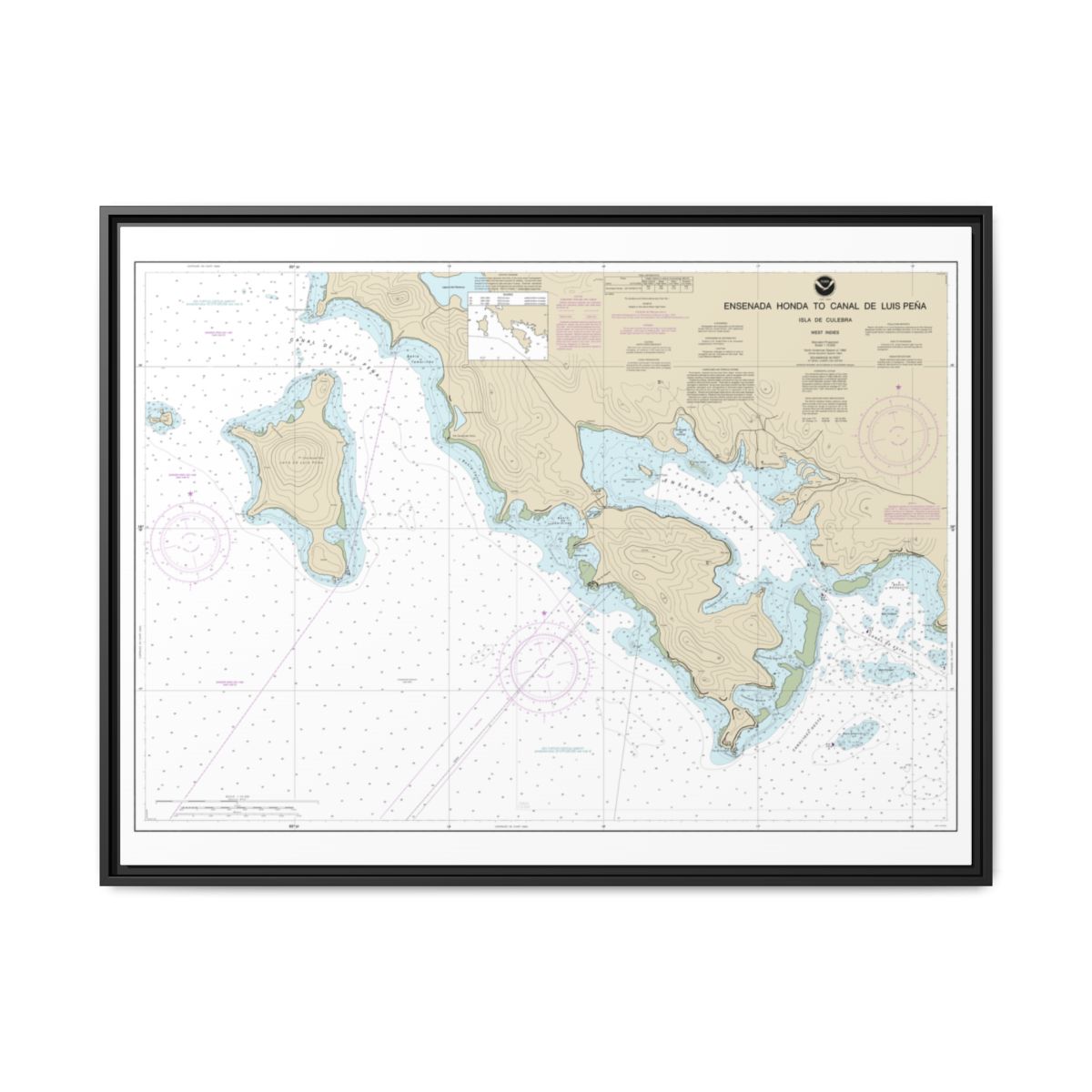Chart 25655 Ensenada Honda to Canal de Luis Pena - NOAA Nautical Chart Floating Frame Canvas | 32" x 24" | 40" x 30" - Black front