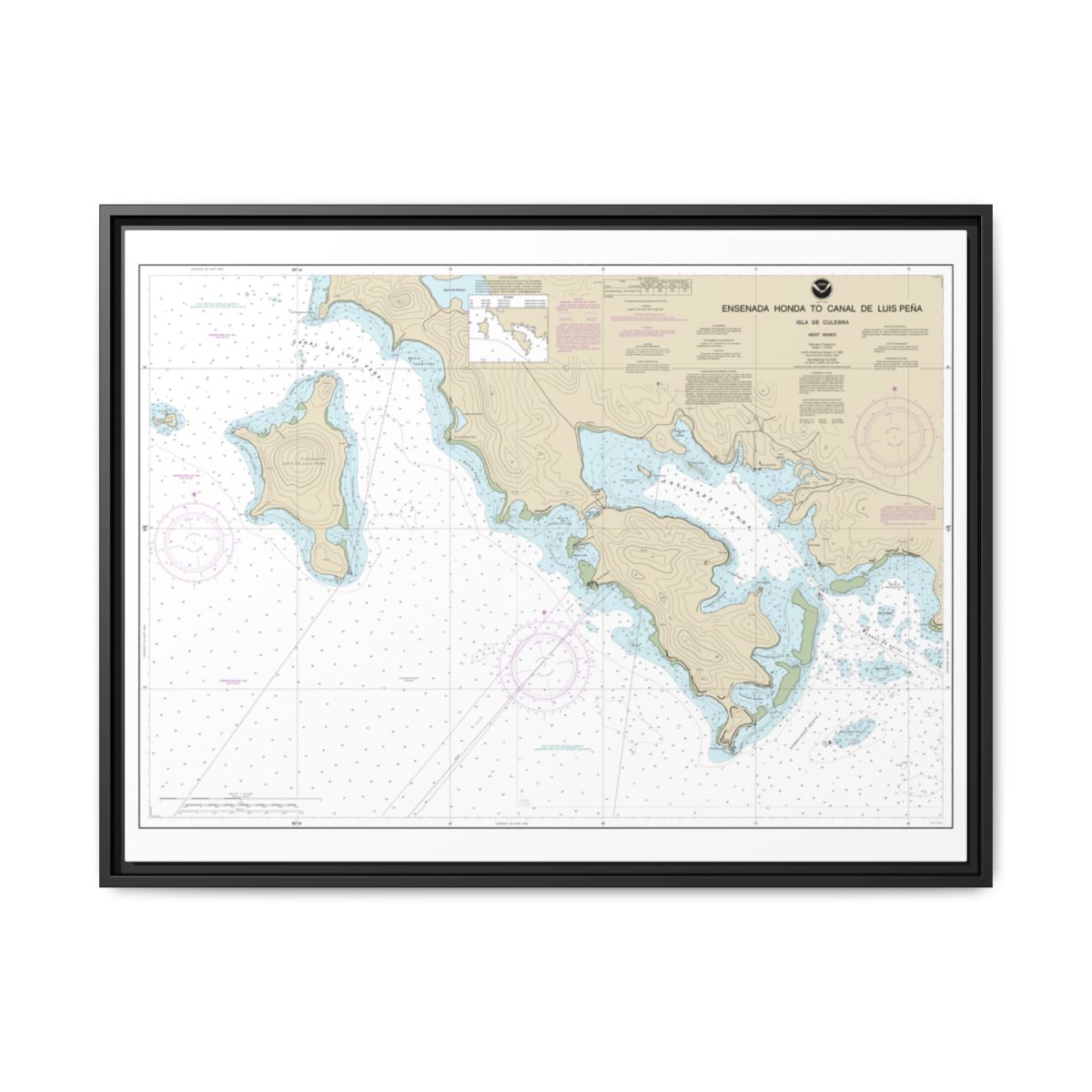 Chart 25655 Ensenada Honda to Canal de Luis Pena - NOAA Nautical Chart Floating Frame Canvas | 32" x 24" | 40" x 30" - Black front