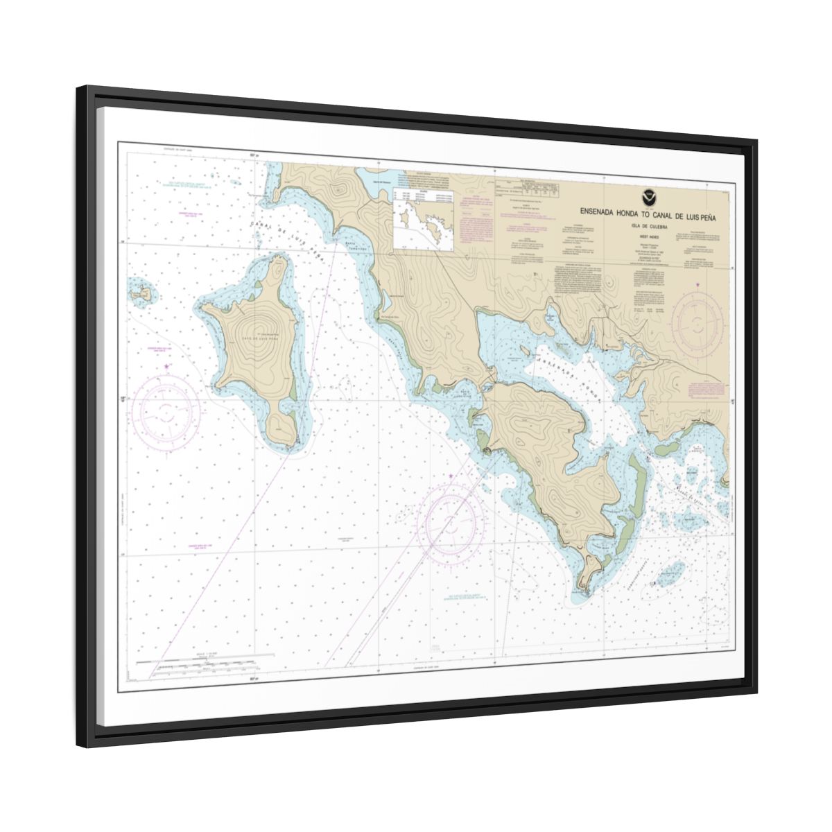 Chart 25655 Ensenada Honda to Canal de Luis Pena - NOAA Nautical Chart Floating Frame Canvas | 32" x 24" | 40" x 30" - Black side
