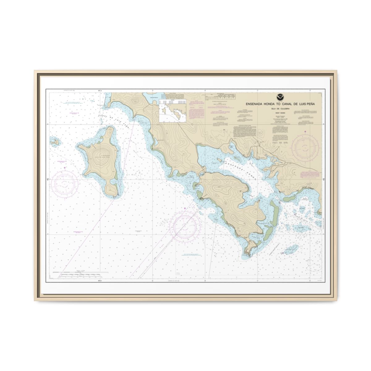 Chart 25655 Ensenada Honda to Canal de Luis Pena - NOAA Nautical Chart Floating Frame Canvas | 32" x 24" | 40" x 30" - Natural front