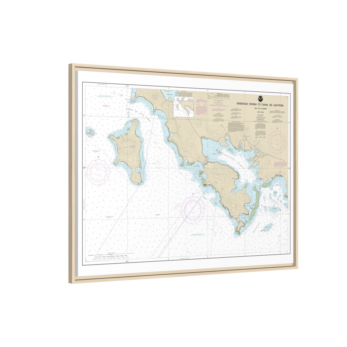 Chart 25655 Ensenada Honda to Canal de Luis Pena - NOAA Nautical Chart Floating Frame Canvas | 32" x 24" | 40" x 30" - Natural side
