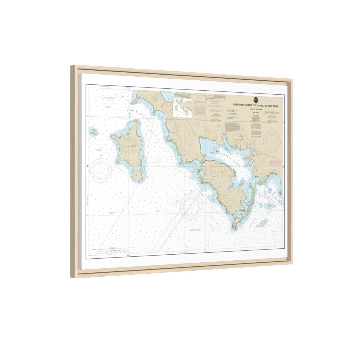 Chart 25655 Ensenada Honda to Canal de Luis Pena - NOAA Nautical Chart Floating Frame Canvas | 32" x 24" | 40" x 30" - Natural side