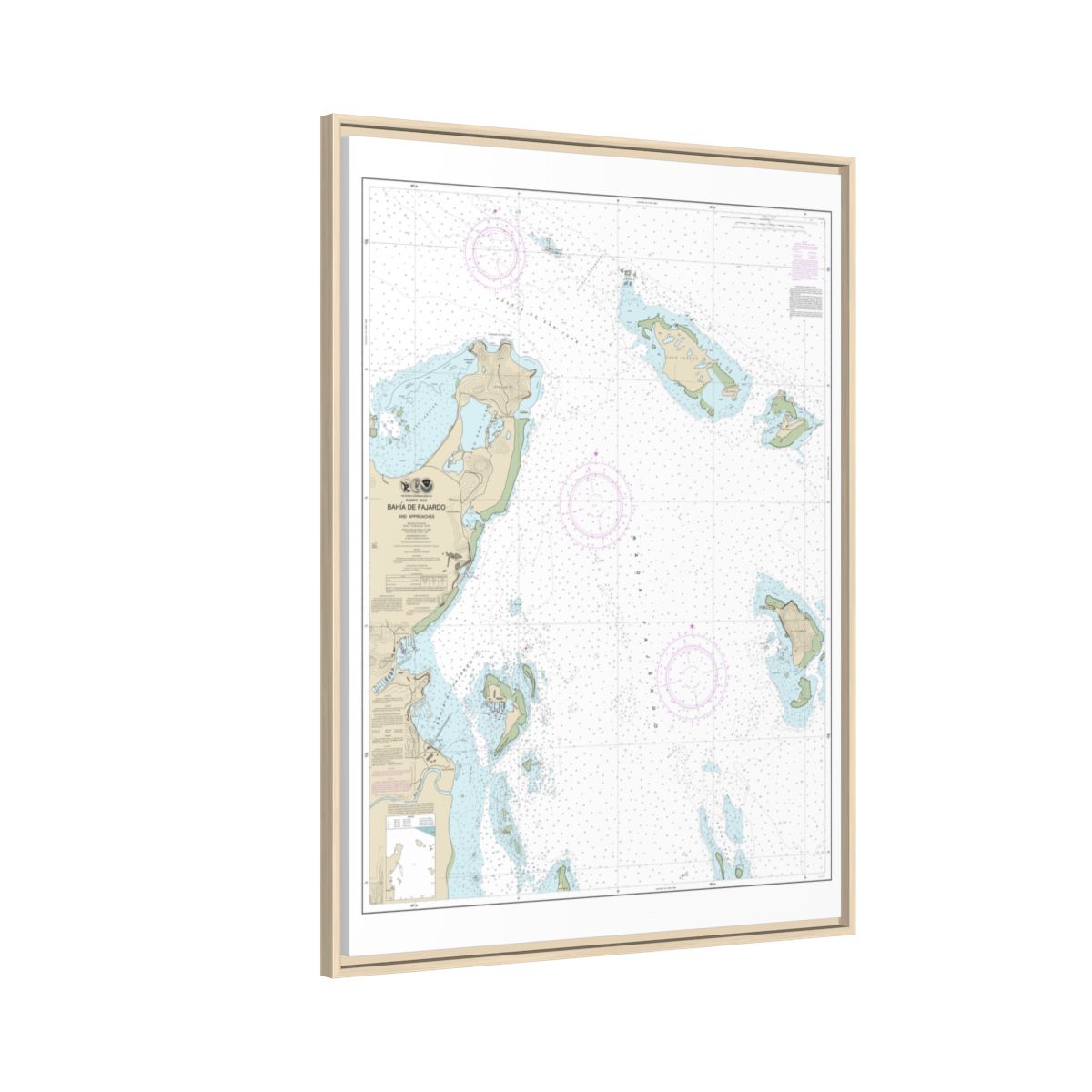 Chart 25667 Bahia de Fajardo and Approaches - NOAA Nautical Chart Floating Frame Canvas | 24" x 32" | 30" x 40" - Natural side