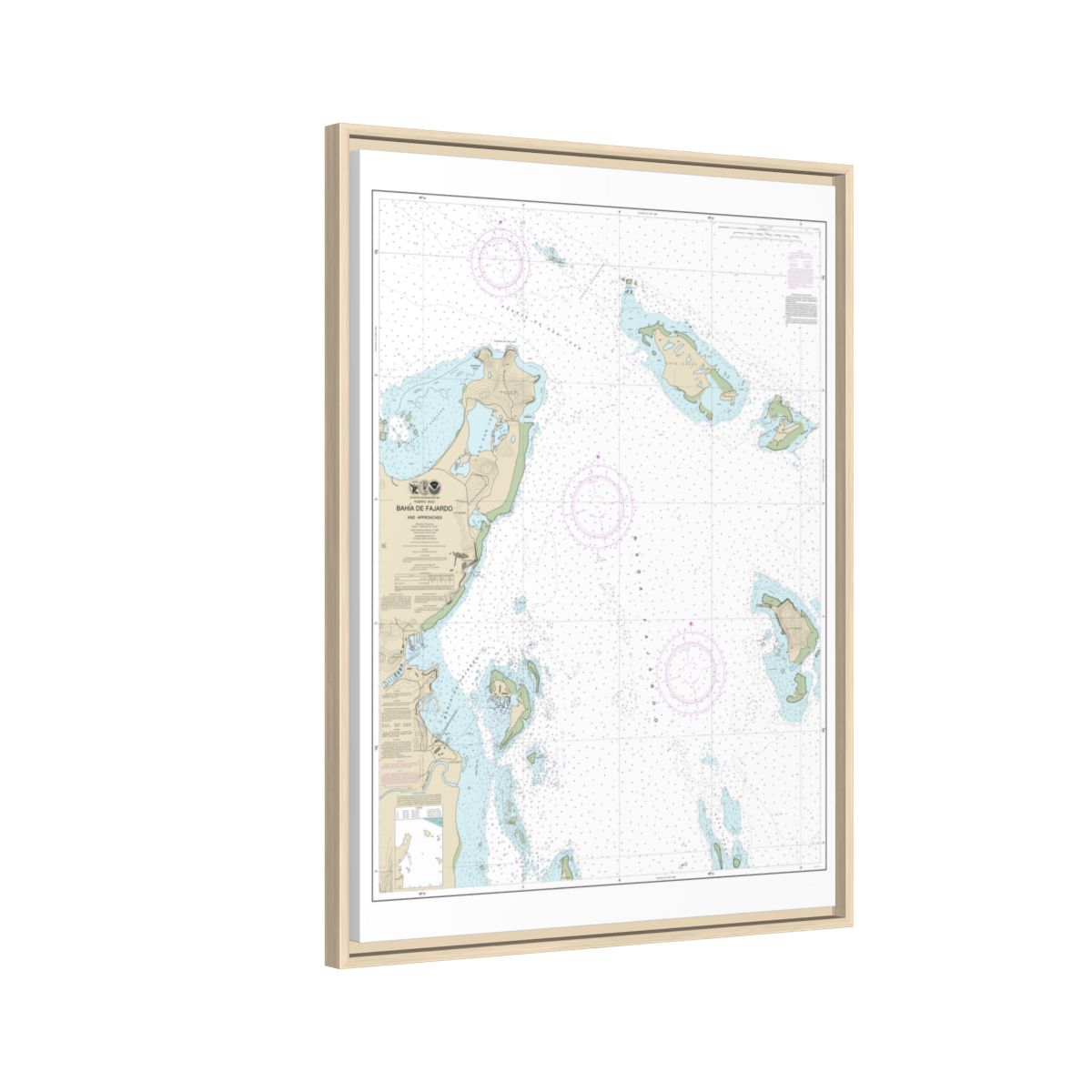 Chart 25667 Bahia de Fajardo and Approaches - NOAA Nautical Chart Floating Frame Canvas | 24" x 32" | 30" x 40" - Natural side