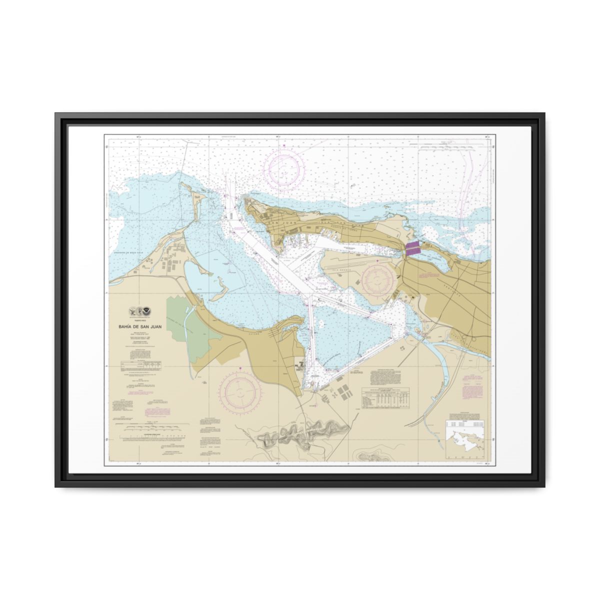 Chart 25670 Bahia de San Juan - NOAA Nautical Chart Floating Frame Canvas | 32" x 24" | 40" x 30" - Black front