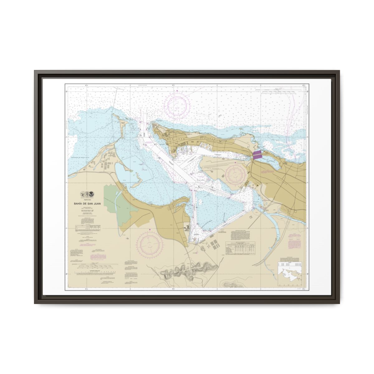 Chart 25670 Bahia de San Juan - NOAA Nautical Chart Floating Frame Canvas | 32" x 24" | 40" x 30" - Espresso front