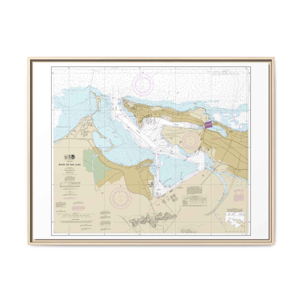 Chart 25670 Bahia de San Juan - NOAA Nautical Chart Floating Frame Canvas | 32" x 24" | 40" x 30" - Natural front