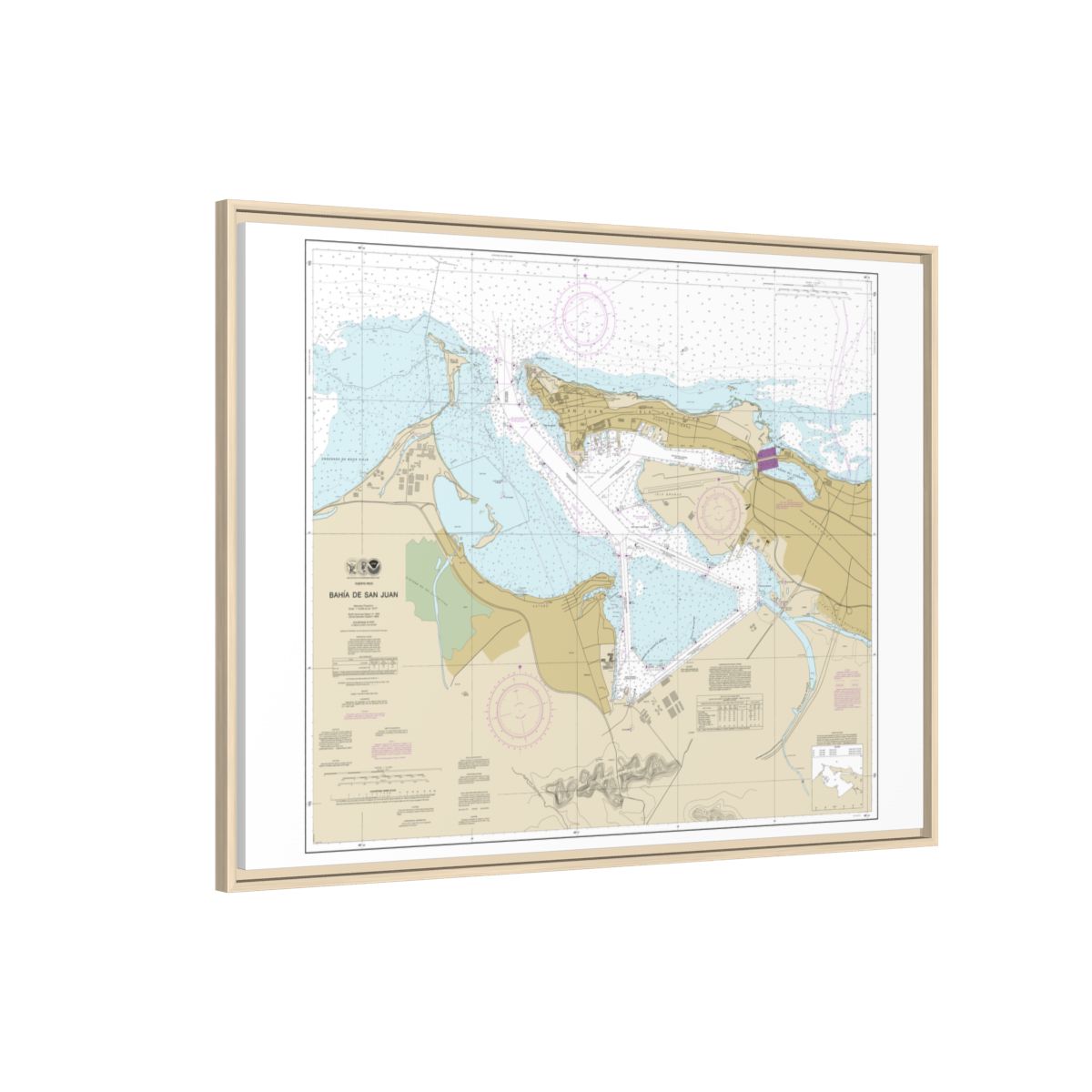 Chart 25670 Bahia de San Juan - NOAA Nautical Chart Floating Frame Canvas | 32" x 24" | 40" x 30" - Natural side