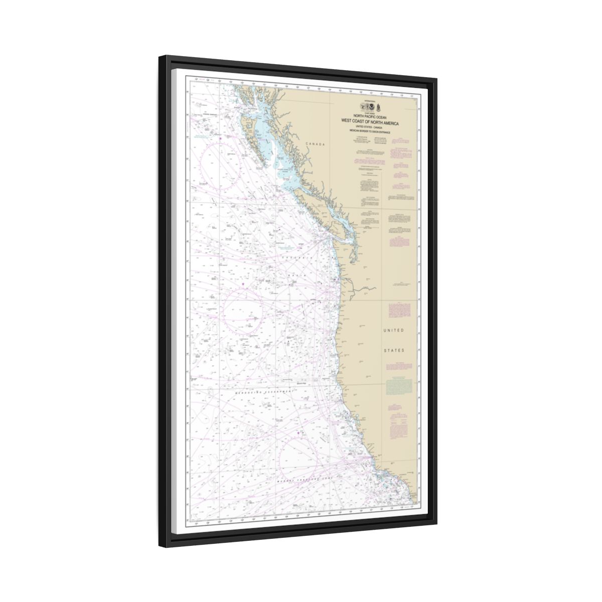 Chart 501 North Pacific Ocean West Coast Of North America Mexican Border To Dixon Entrance - NOAA Nautical Chart Floating Frame Canvas | 20" x 30" | 24" x 36" | 32" x 48" - Black side