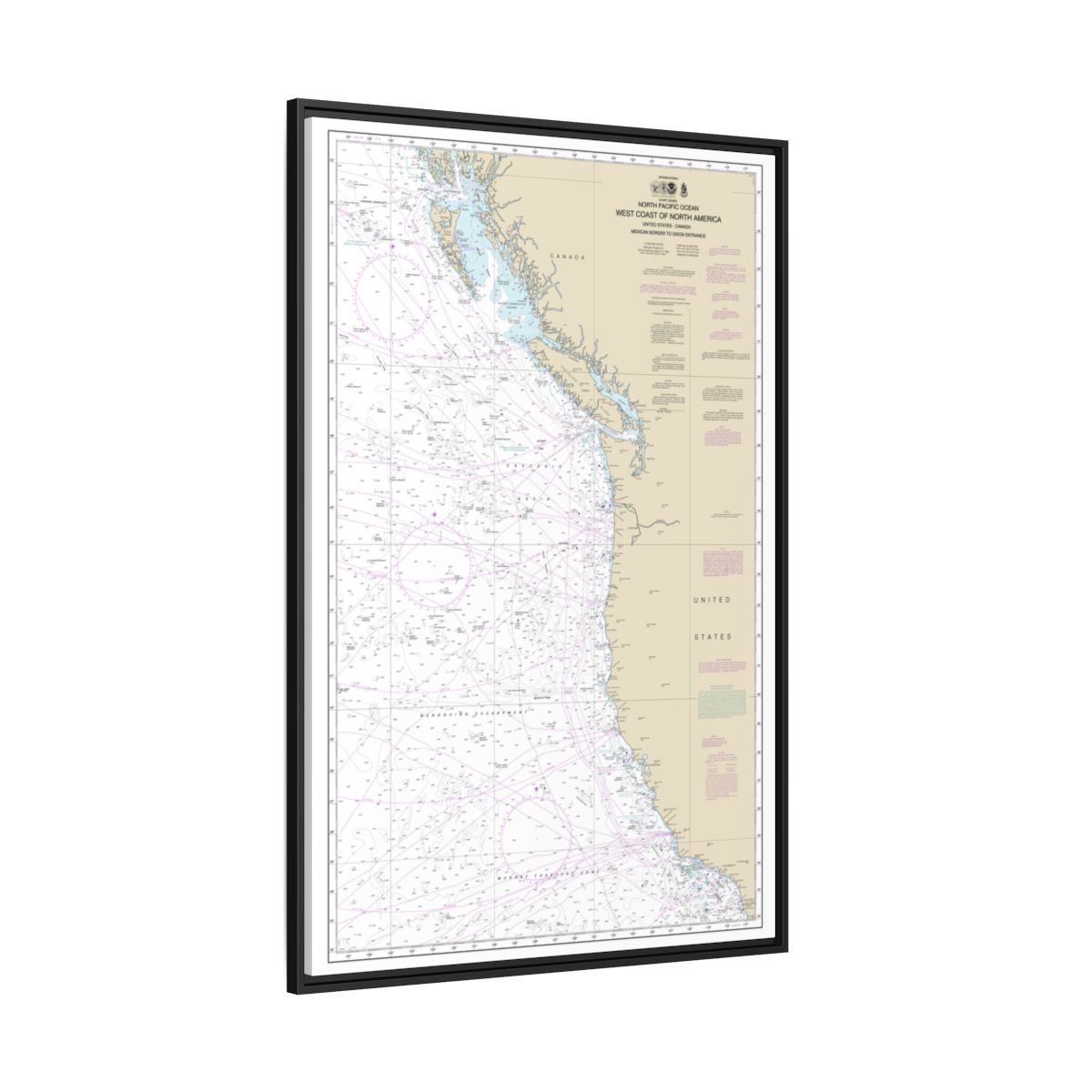 Chart 501 North Pacific Ocean West Coast Of North America Mexican Border To Dixon Entrance - NOAA Nautical Chart Floating Frame Canvas | 20" x 30" | 24" x 36" | 32" x 48" - Black side