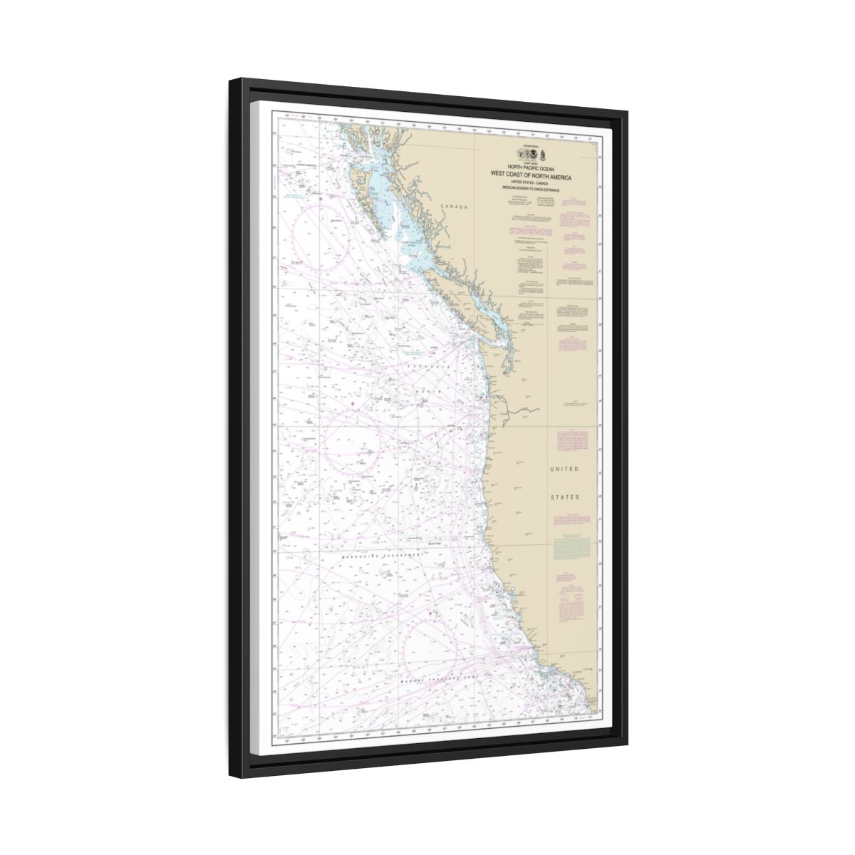Chart 501 North Pacific Ocean West Coast Of North America Mexican Border To Dixon Entrance - NOAA Nautical Chart Floating Frame Canvas | 20" x 30" | 24" x 36" | 32" x 48" - Black side
