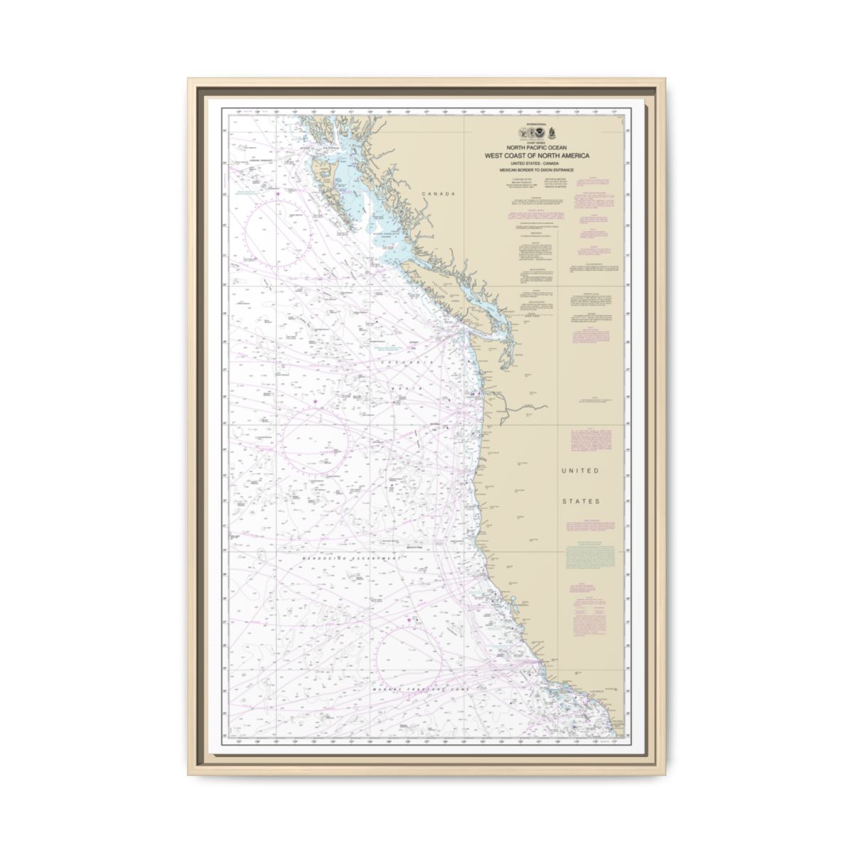 Chart 501 North Pacific Ocean West Coast Of North America Mexican Border To Dixon Entrance - NOAA Nautical Chart Floating Frame Canvas | 20" x 30" | 24" x 36" | 32" x 48" - Natural front
