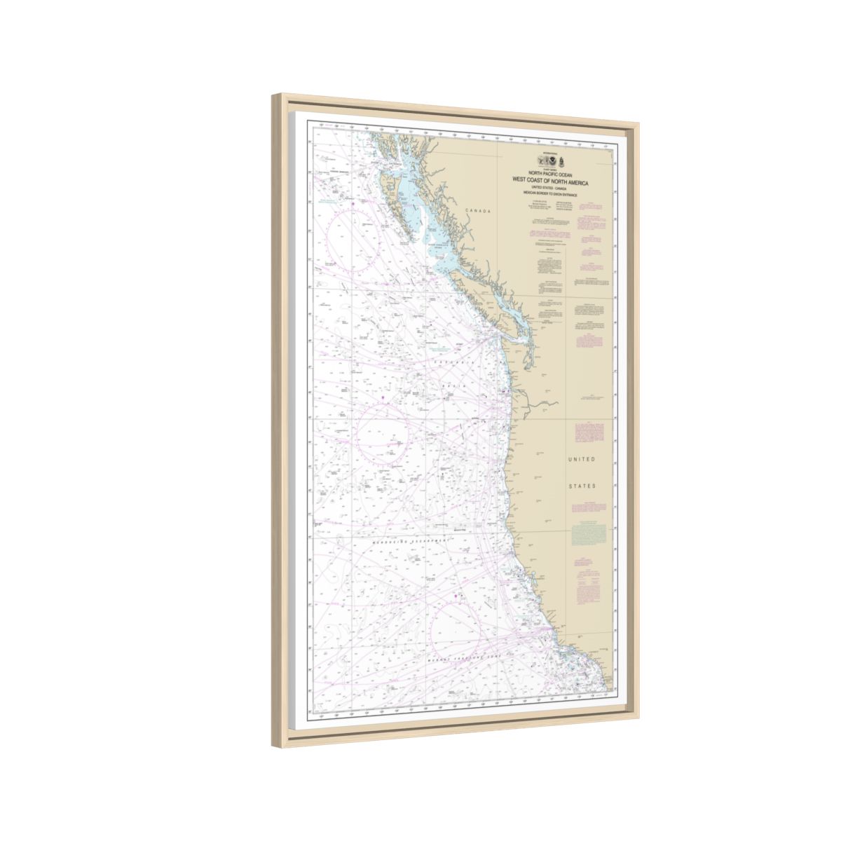 Chart 501 North Pacific Ocean West Coast Of North America Mexican Border To Dixon Entrance - NOAA Nautical Chart Floating Frame Canvas | 20" x 30" | 24" x 36" | 32" x 48" - Natural side