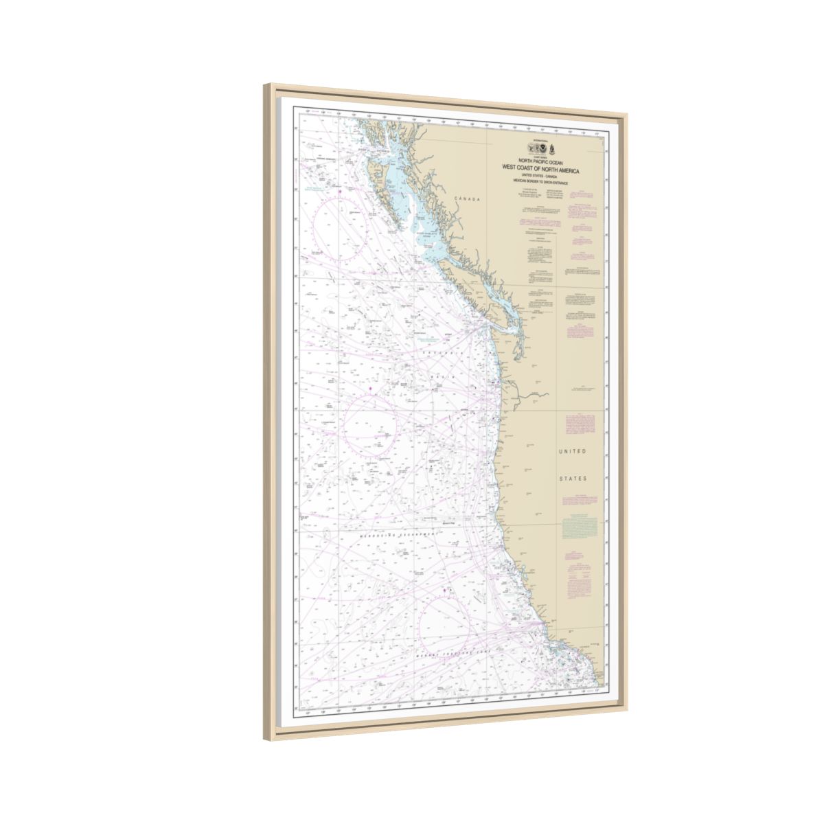 Chart 501 North Pacific Ocean West Coast Of North America Mexican Border To Dixon Entrance - NOAA Nautical Chart Floating Frame Canvas | 20" x 30" | 24" x 36" | 32" x 48" - Natural side