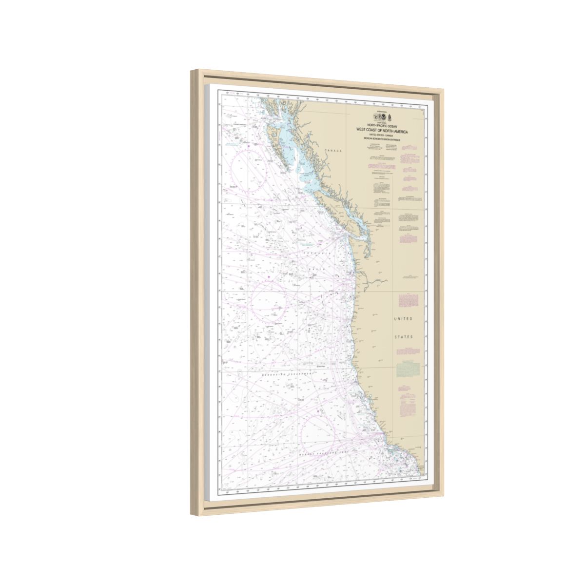 Chart 501 North Pacific Ocean West Coast Of North America Mexican Border To Dixon Entrance - NOAA Nautical Chart Floating Frame Canvas | 20" x 30" | 24" x 36" | 32" x 48" - Natural side