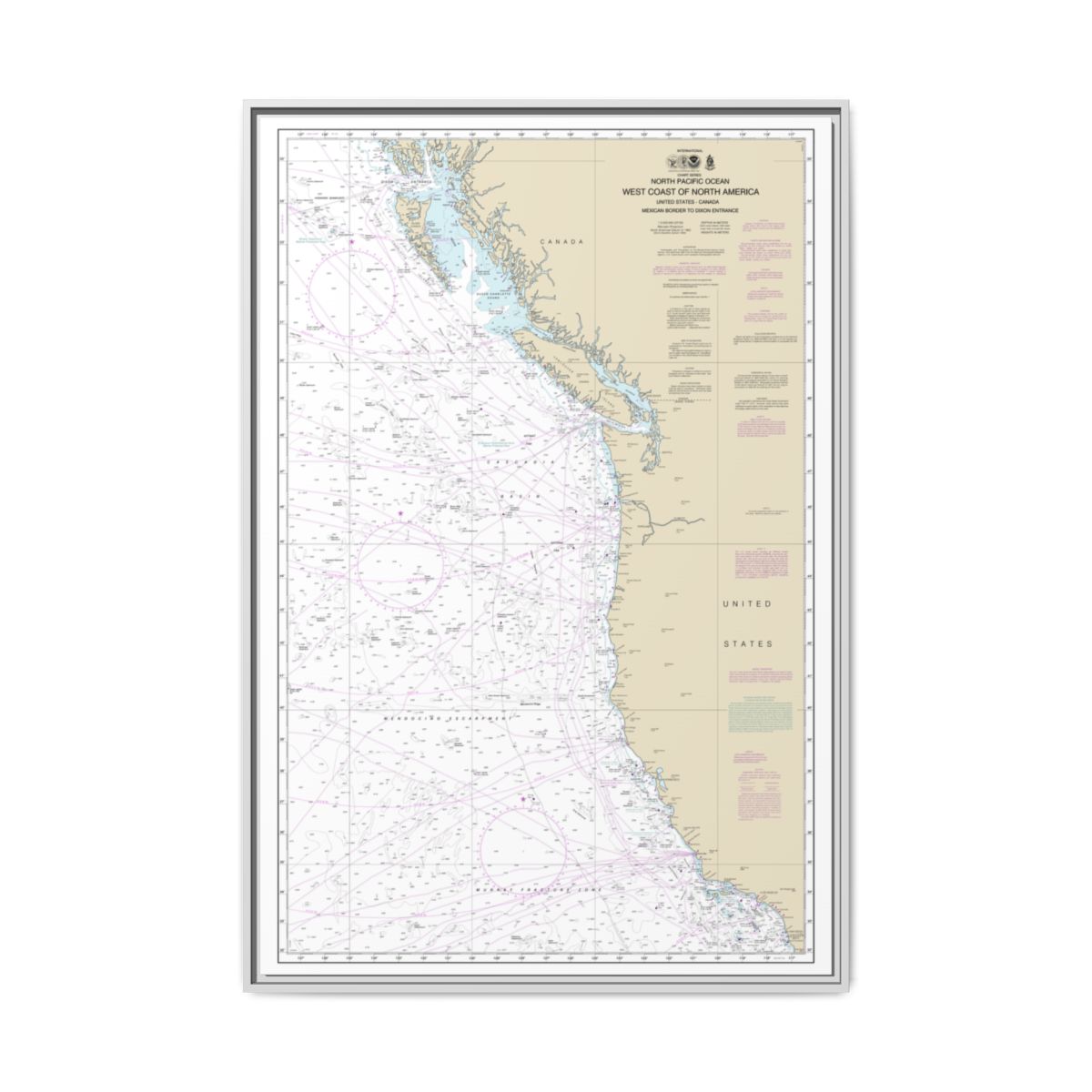 Chart 501 North Pacific Ocean West Coast Of North America Mexican Border To Dixon Entrance - NOAA Nautical Chart Floating Frame Canvas | 20" x 30" | 24" x 36" | 32" x 48" - White front