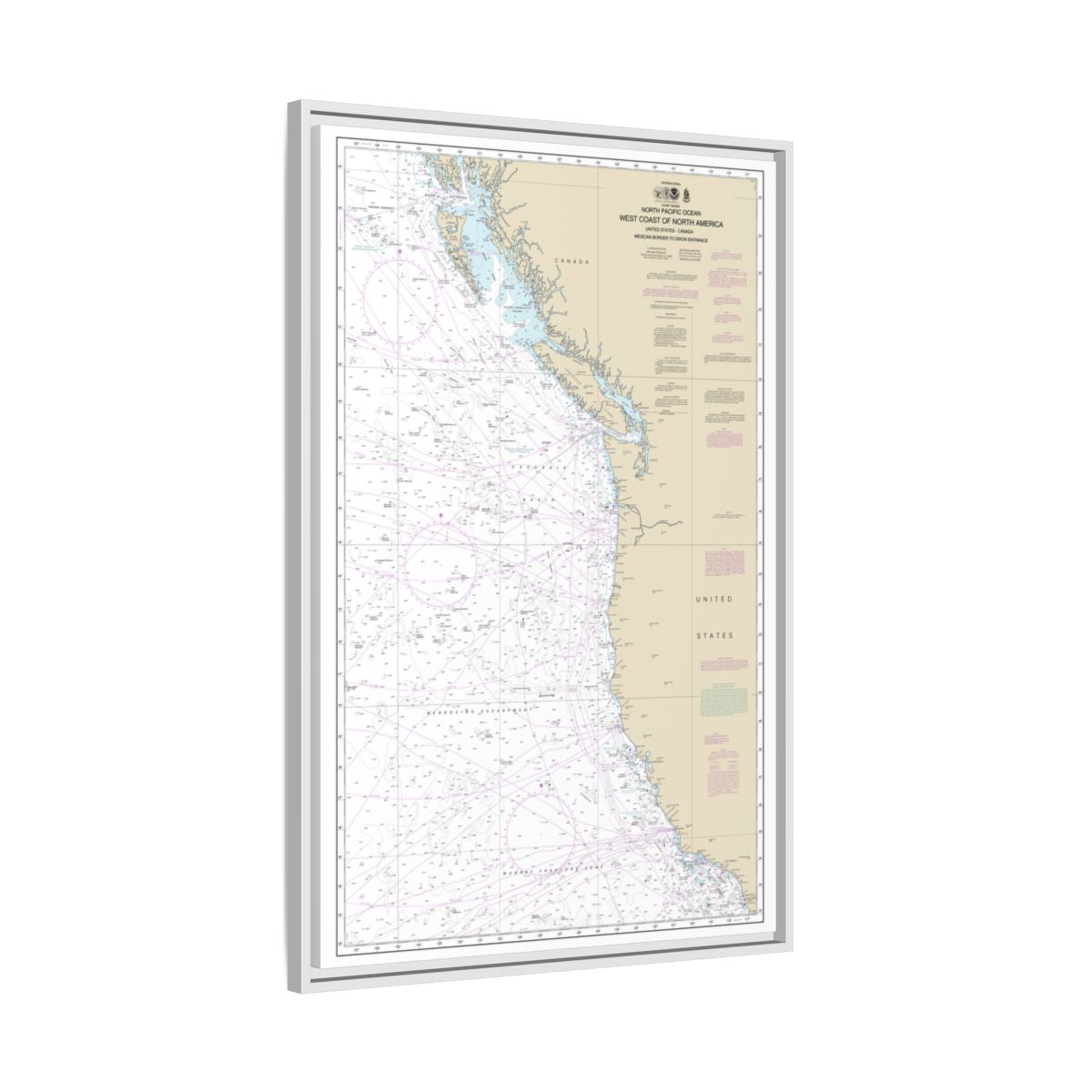 Chart 501 North Pacific Ocean West Coast Of North America Mexican Border To Dixon Entrance - NOAA Nautical Chart Floating Frame Canvas | 20" x 30" | 24" x 36" | 32" x 48" - White side