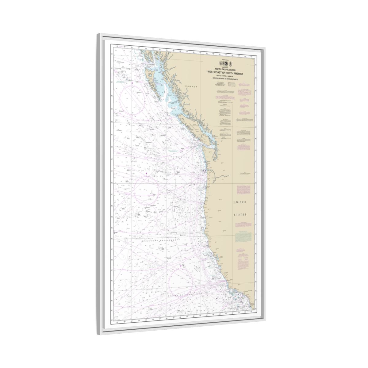 Chart 501 North Pacific Ocean West Coast Of North America Mexican Border To Dixon Entrance - NOAA Nautical Chart Floating Frame Canvas | 20" x 30" | 24" x 36" | 32" x 48" - White side