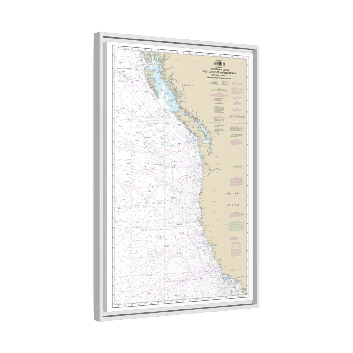 Chart 501 North Pacific Ocean West Coast Of North America Mexican Border To Dixon Entrance - NOAA Nautical Chart Floating Frame Canvas | 20" x 30" | 24" x 36" | 32" x 48" - White side