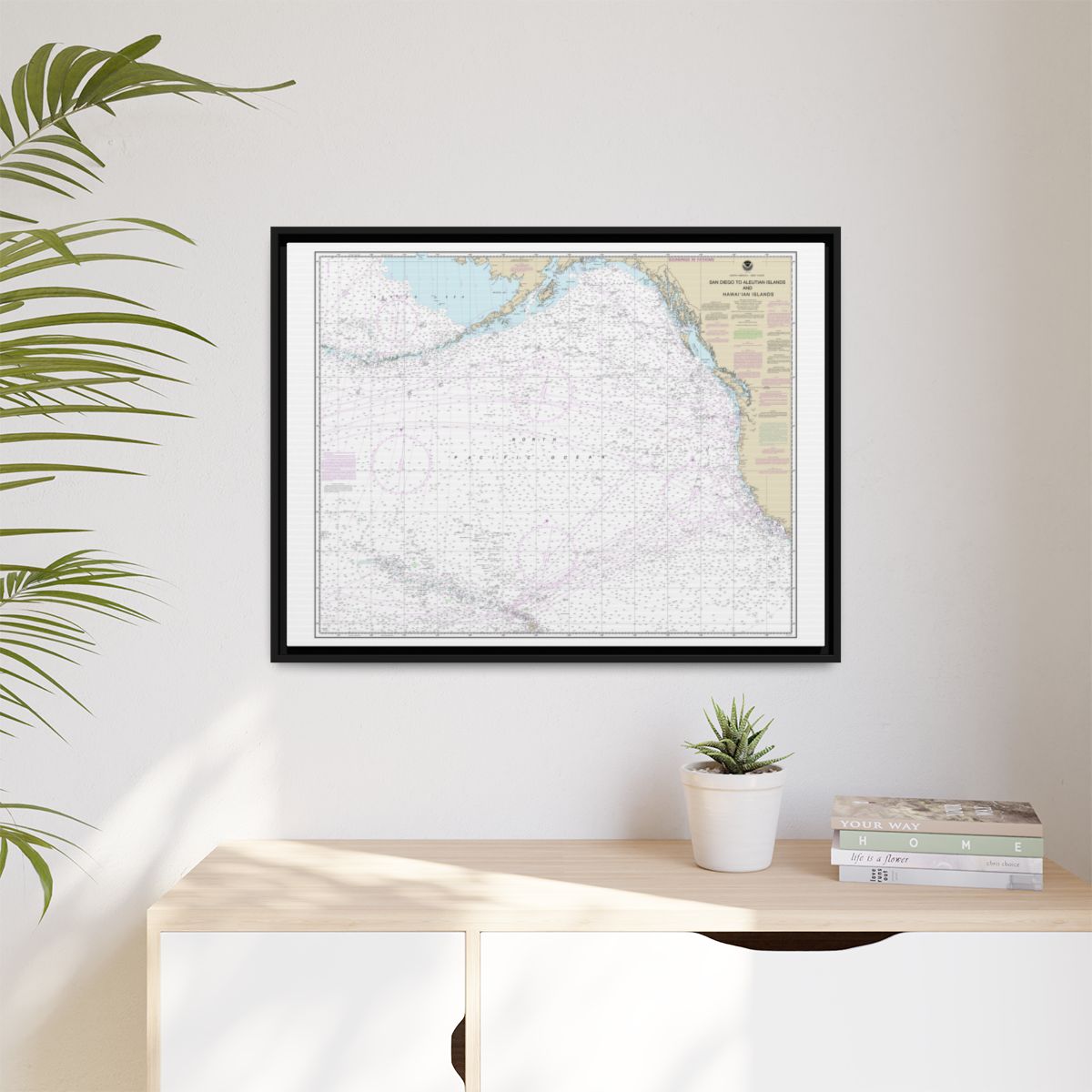 Chart 530 North America West Coast San Diego to Aleutian Islands and Hawaiian Islands - NOAA Nautical Chart Floating Frame Canvas | 32" x 24" | 40" x 30" - Black context-1