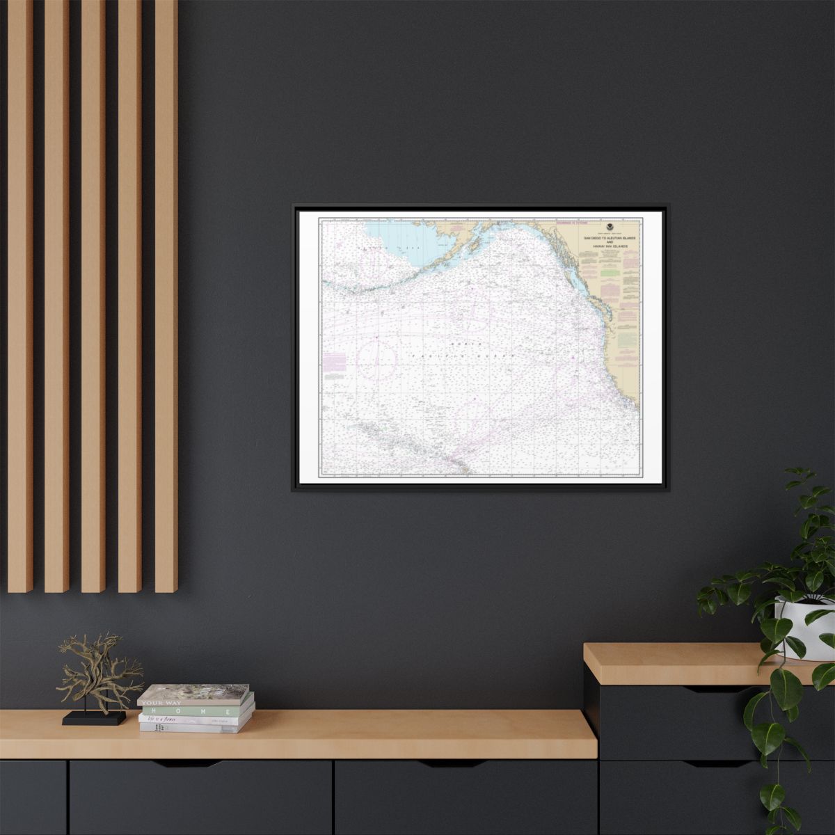 Chart 530 North America West Coast San Diego to Aleutian Islands and Hawaiian Islands - NOAA Nautical Chart Floating Frame Canvas | 32" x 24" | 40" x 30" - Black context-2